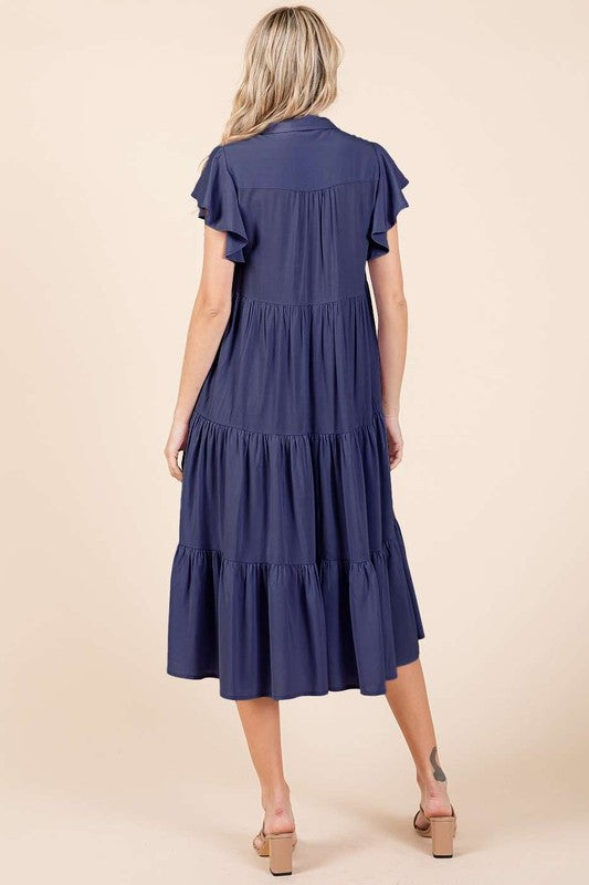 Mittoshop Women's Ruffle Sleeve Collared V-Neck Tiered Midi Dress - Elegant Flowy Summer Dress for Parties, Weddings & Date Nights