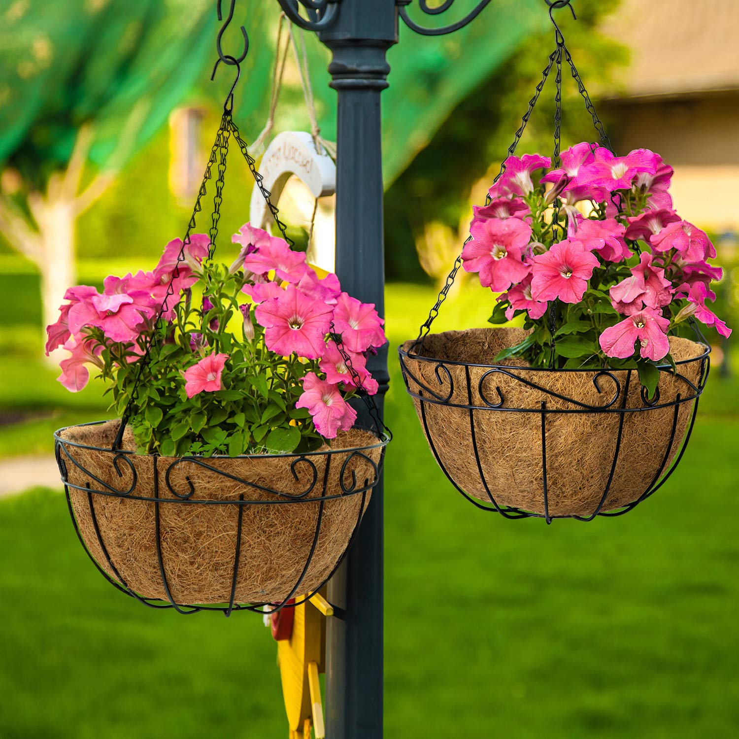 AMAGABELI GARDEN & HOME 4 Pack 14 Inch Metal Round Hanging Planter Baskets with Coco Fiber Liners - Indoor Outdoor Flower Pots for Vegetables, Herbs, Succulents - Perfect for Garden, Home, Porch, Balcony Decor and Vertical Gardening