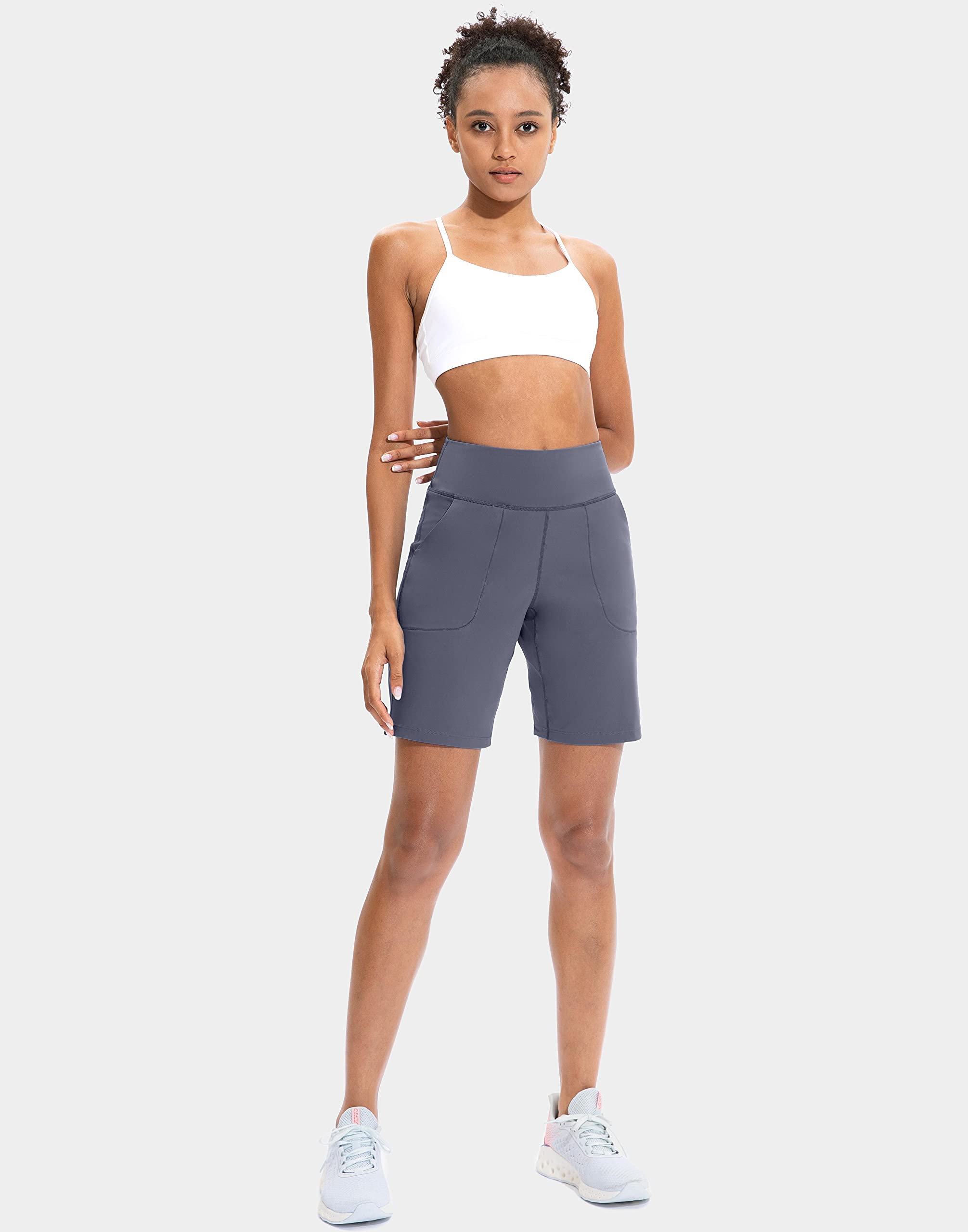 **SANTINY Women's High Waisted Bermuda Shorts with Zipper Pockets – Athletic Running & Workout Shorts for Gym, Yoga, and Casual Wear**