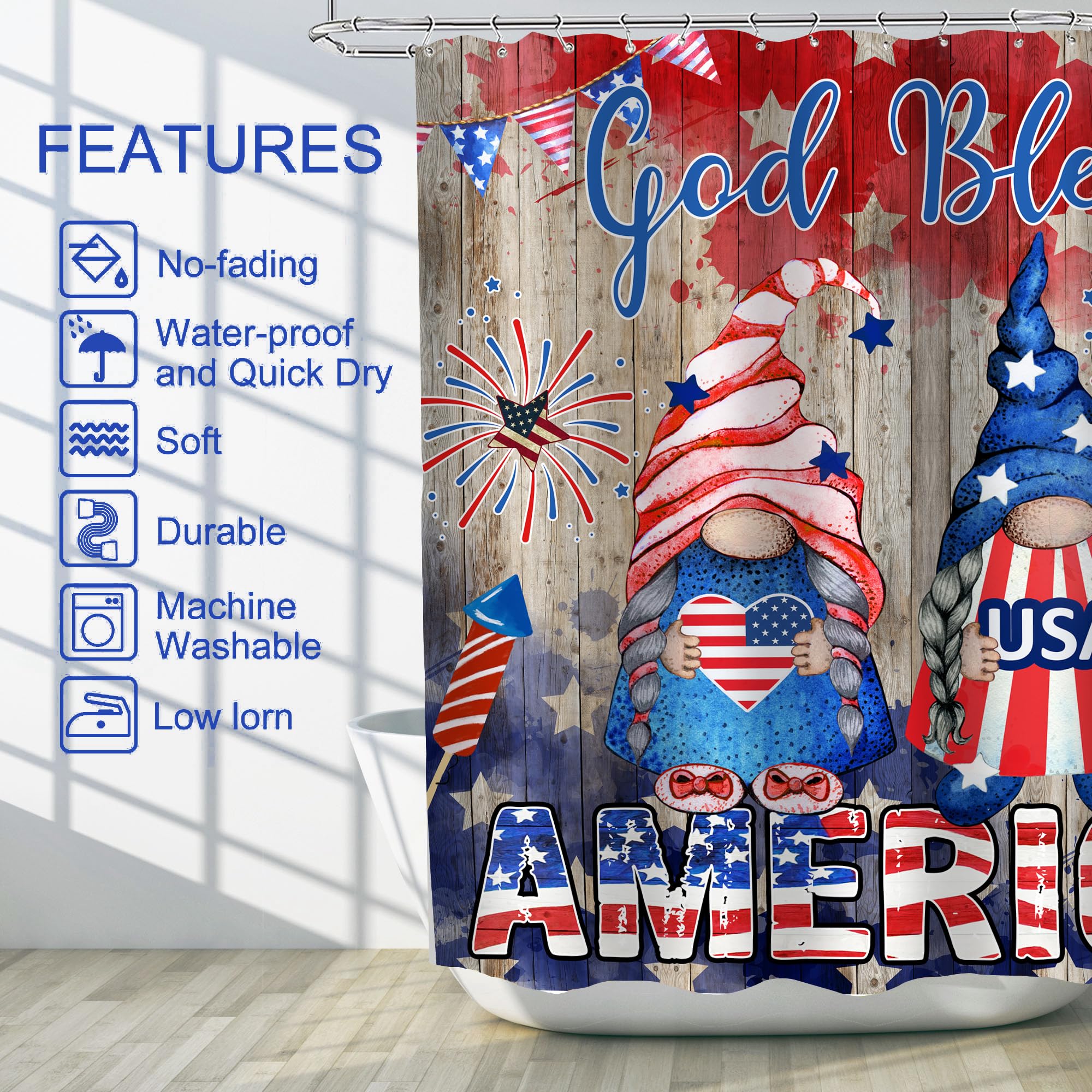 4th of July Shower Curtain - Patriotic American Flag Bathroom Decor with Stars & Stripes | Waterproof Independence Day Gnome Design with Hooks | 71x71 Inches for Home & Holiday Celebrations