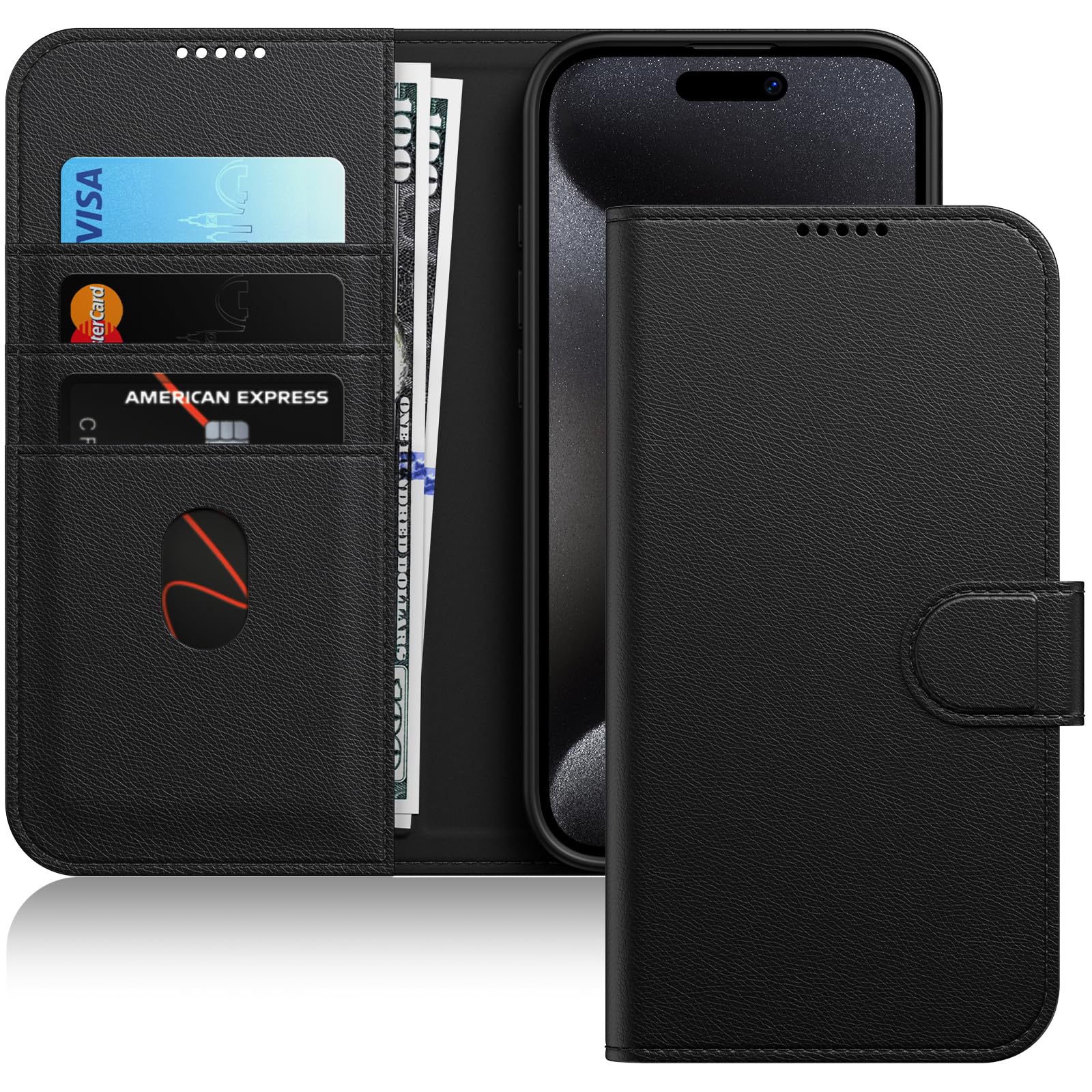 JETech Magnetic Flip Wallet Case for iPhone 15 Pro Max 6.7-Inch - Shockproof PU Leather Cover with Card Holder, Stand Feature & Full Camera Protection (Black Titanium) | Perfect for Business, Travel & Everyday Use
