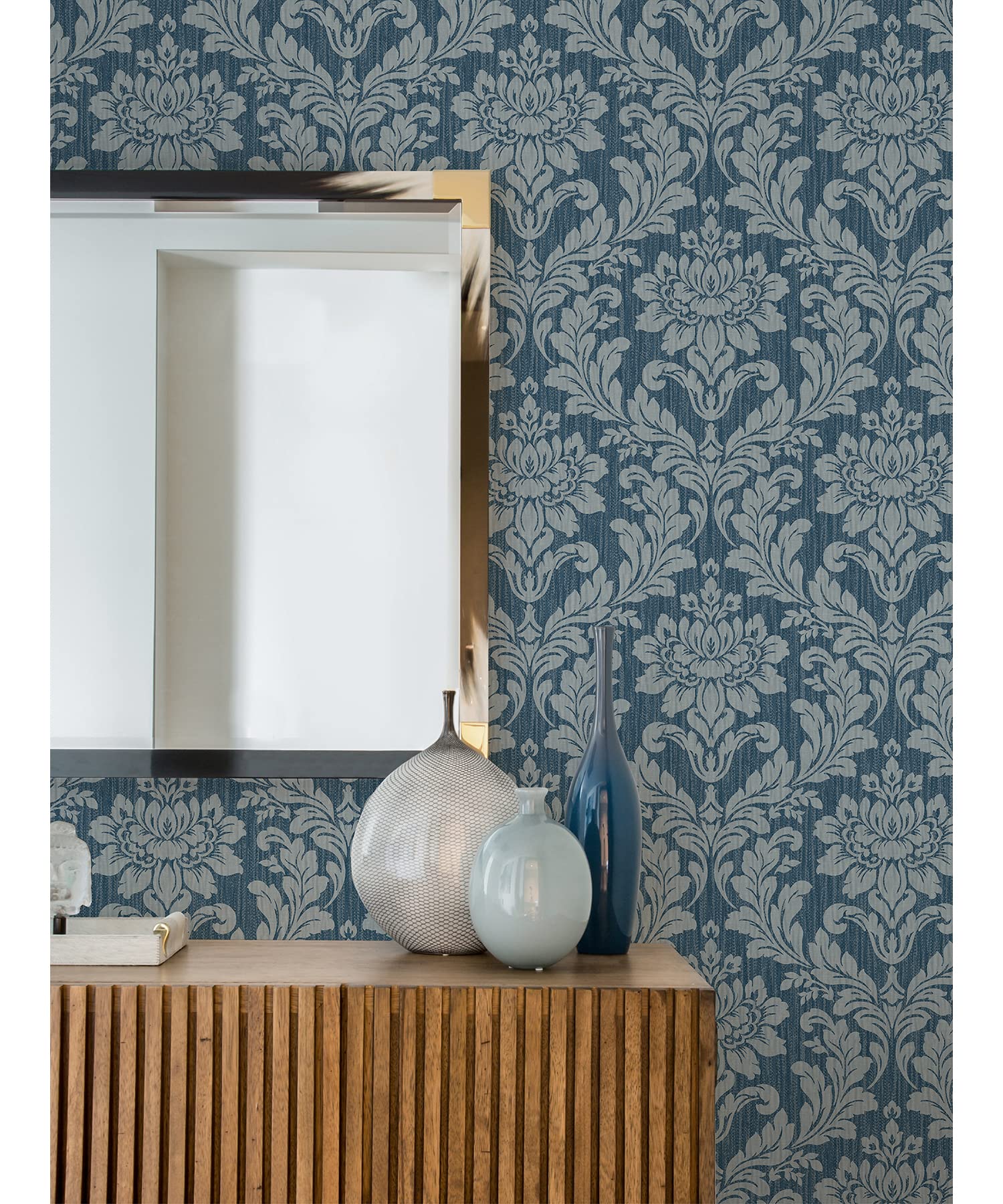 Brewster Home Fashions Galois Blue Damask Wallpaper - Peel and Stick Removable Wallpaper for Bedroom, Living Room, Nursery & Home Decor
