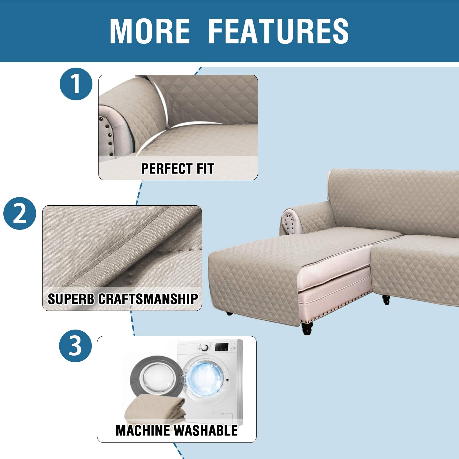 Reversible L-Shaped Sofa Slipcover - Stretchable Sectional Couch Cover with Chaise Lounge & Corner Protector for Pets - Medium Size in Khaki - Perfect for Living Room, Family Room & Pet-Friendly Homes