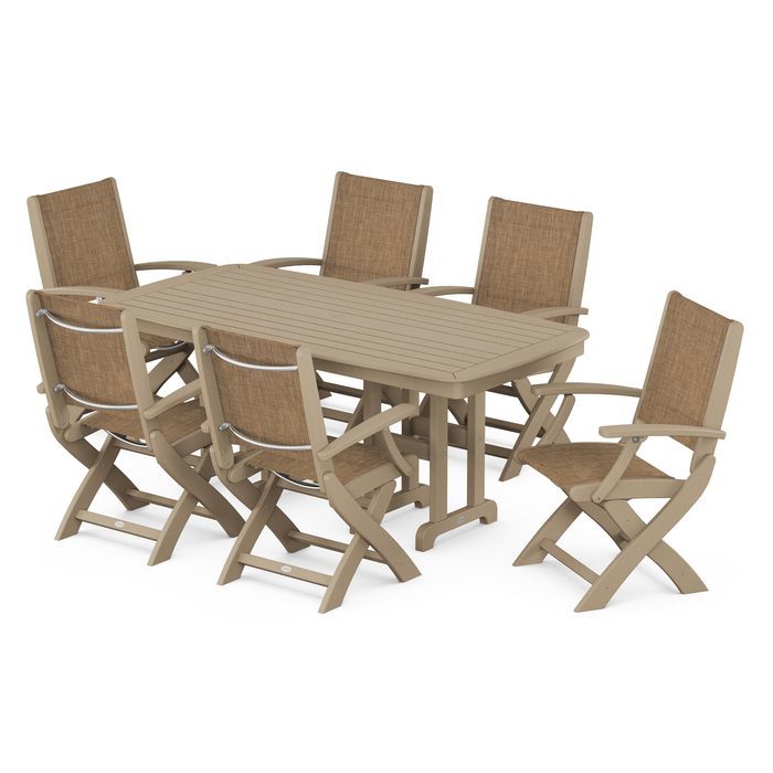 POLYWOOD Coastal Folding Arm Chair 7-Piece Outdoor Dining Set - Perfect for Patio, Deck, Poolside & Beachfront Entertaining