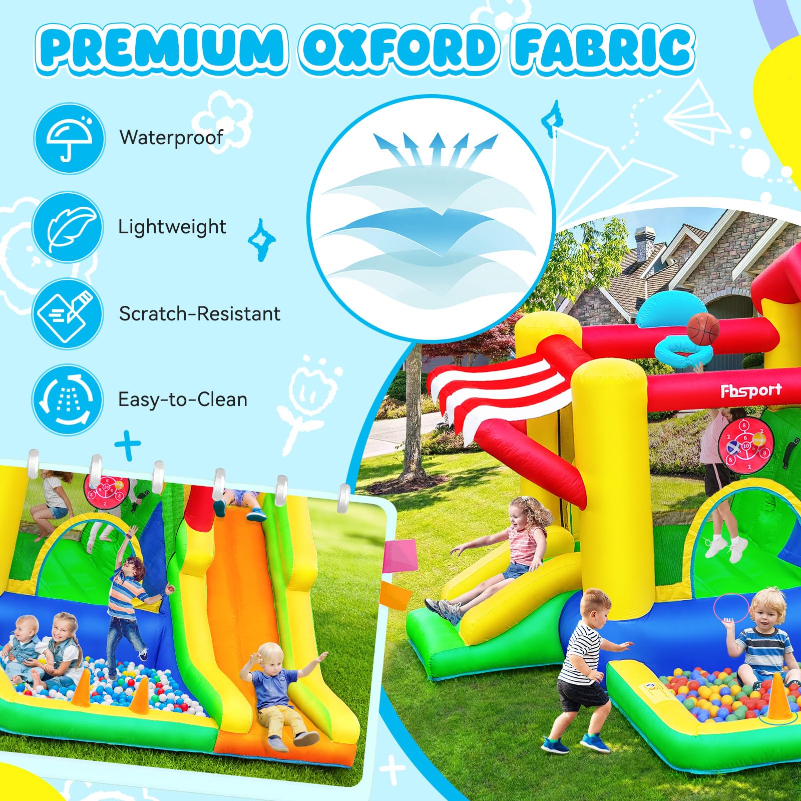 FBSPORT Inflatable Bounce House with Slide for Kids - Outdoor & Indoor Blow Up Bouncy Castle with Ball Pit, Jumping Area, Climbing Wall, Basketball Hoop - Perfect for Birthday Parties, Backyard Fun & Summer Activities