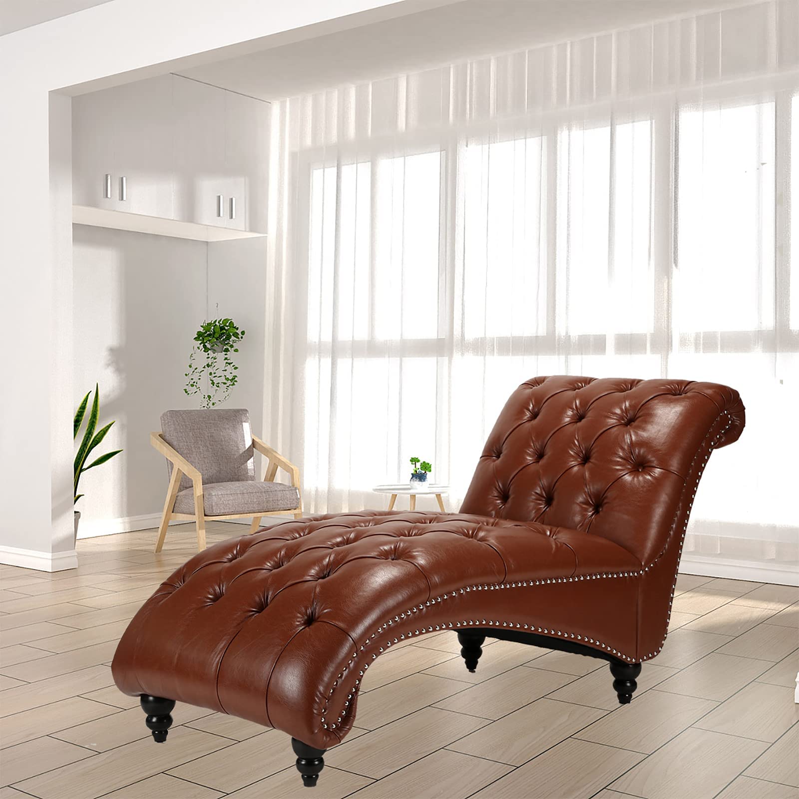 HomVent Leather Chaise Lounge Chair with Tufted Buttons - Indoor Modern Futon for Living Room, Office or Bedroom - Light Brown - Perfect for Relaxing, Reading & Small Space Decor