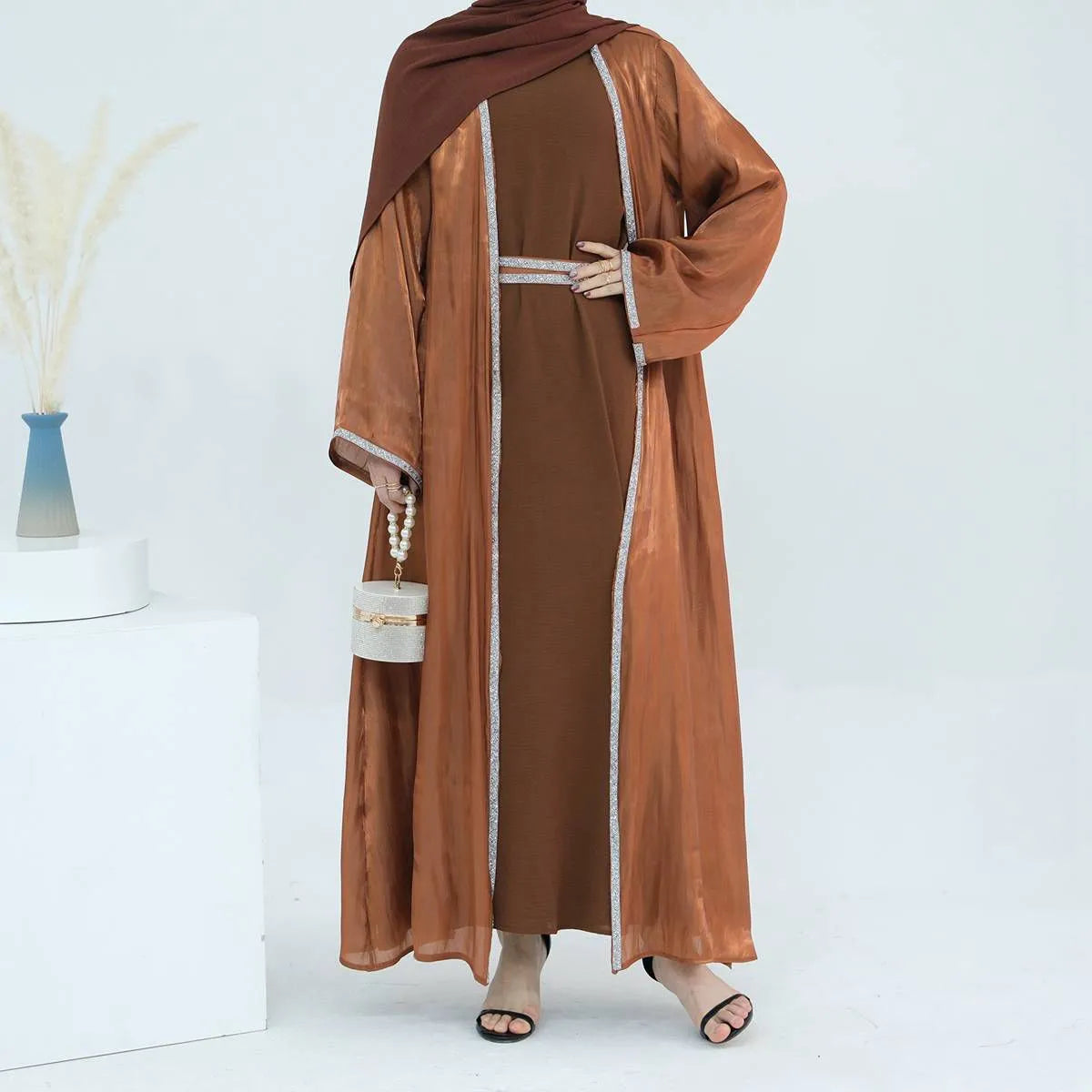 2-Piece Hotfix Rhinestone Sparkling Open Abaya Dress Set with Inner Dress - Perfect for Weddings, Parties & Special Occasions