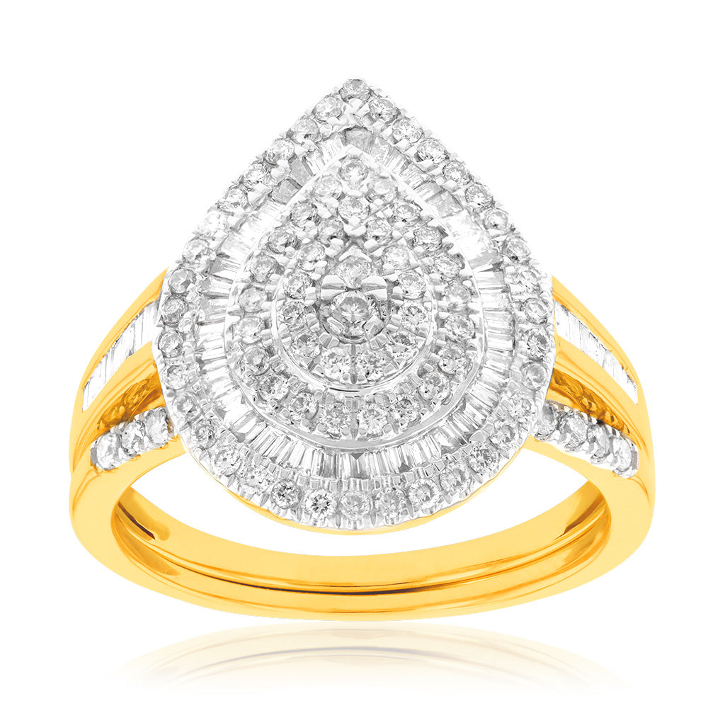 9ct Yellow Gold 1 Carat Diamond Pear Shape Cluster Bridal 2 Ring Set - Elegant Wedding Band & Engagement Ring for Brides, Perfect for Proposals & Anniversaries