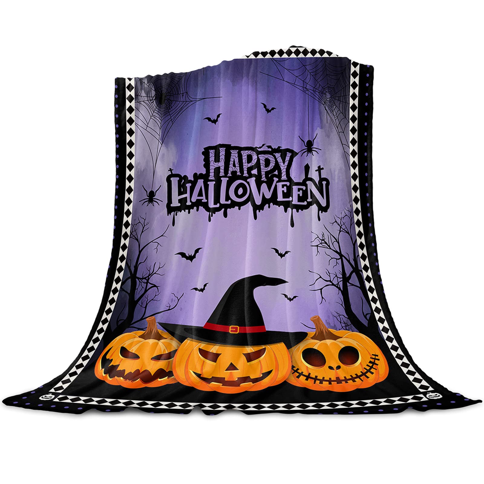 Halloween Pumpkin Blanket - Super Soft Flannel Fleece Throw Blanket with Bats & Diamond Purple Plaid Border - Lightweight Cozy Warm Fuzzy Plush Microfiber Blanket for Couch, Bed, Sofa (50x60 inches) - Perfect for Fall Decor, Movie Nights & Seasonal Home Comfort