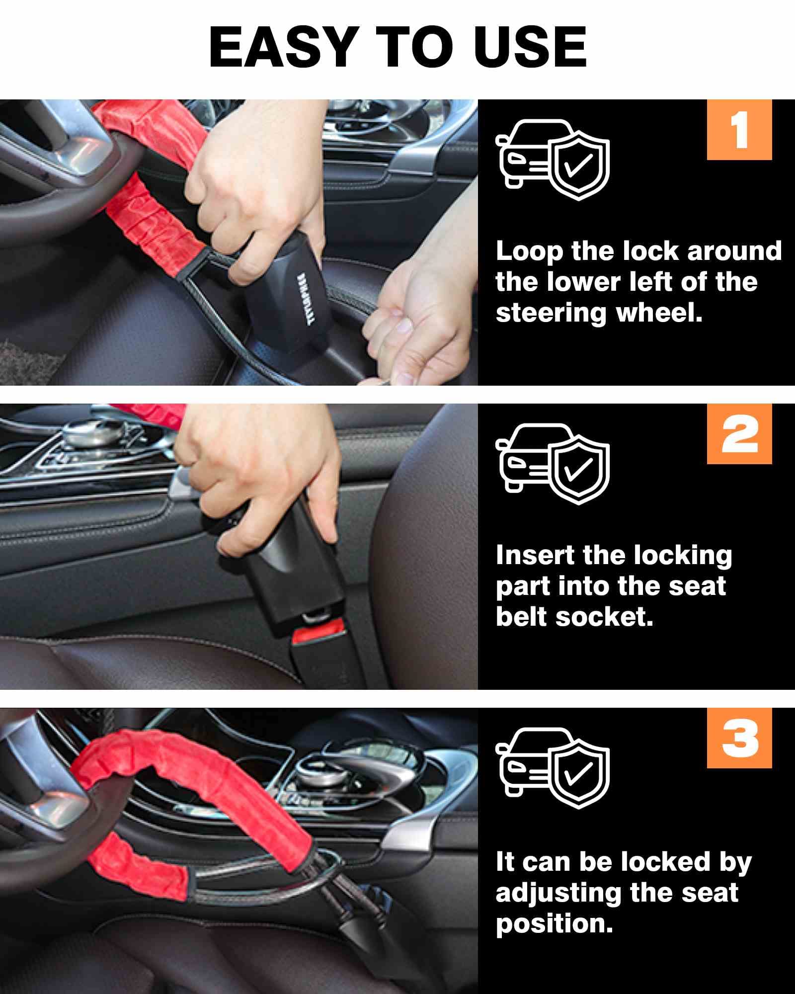 Universal Anti-Theft Steering Wheel Lock & Seat Belt Lock with 3 Keys - Car Security Device Fits Most Vehicles, Trucks, SUVs & Vans (Red) | Prevent Auto Theft & Protect Your Vehicle in Parking Lots & High-Crime Areas