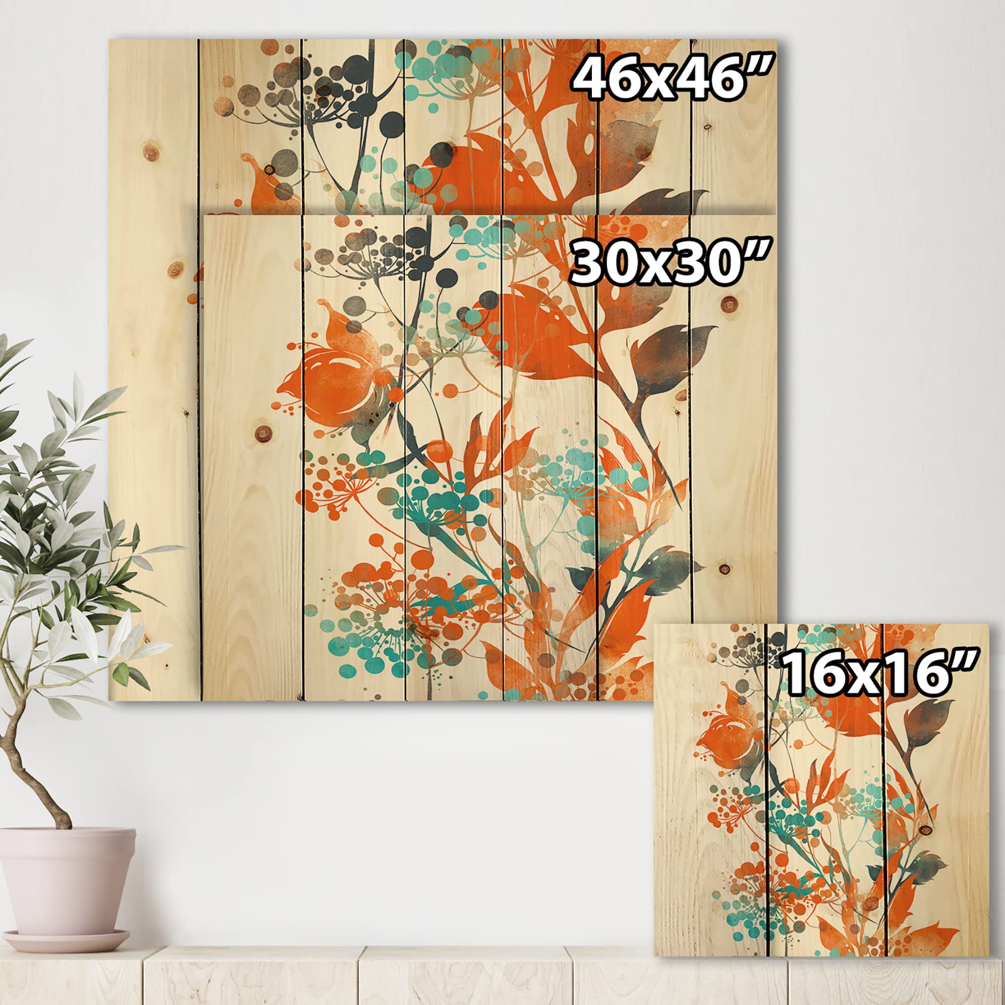 DesignQ Green & Orange Wildflowers III Modern Contemporary Wood Wall Art - Large Floral Pine Wood Panel Decor for Living Room, Bedroom & Office