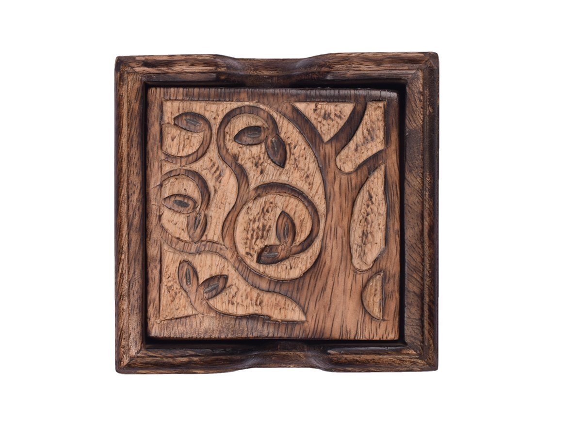 Handmade Square Drink Coasters Set of 4 with Holder - Absorbent for Tea, Coffee, Wine, Beer & Mugs - Tree of Life Collection - Perfect for Kitchen, Dining Table & Bar Accessories