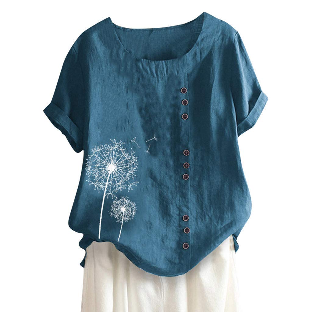 Women's Linen Floral Print T-Shirt - Round Neck Short Sleeve Summer Top | Lightweight Casual Graphic Tee for Beach, Travel & Everyday Wear