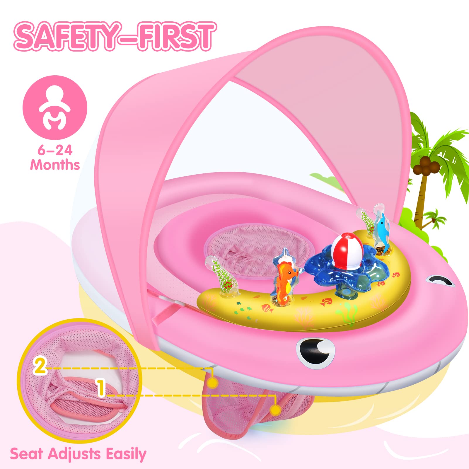 UPF50+ Baby Pool Float with Canopy - Inflatable Infant Swimming Ring for 6-24 Months | Adjustable Safety Seat Bath Floatie & Toy Play Console | Perfect for Backyard Pools, Beach Trips & Bathtime Fun