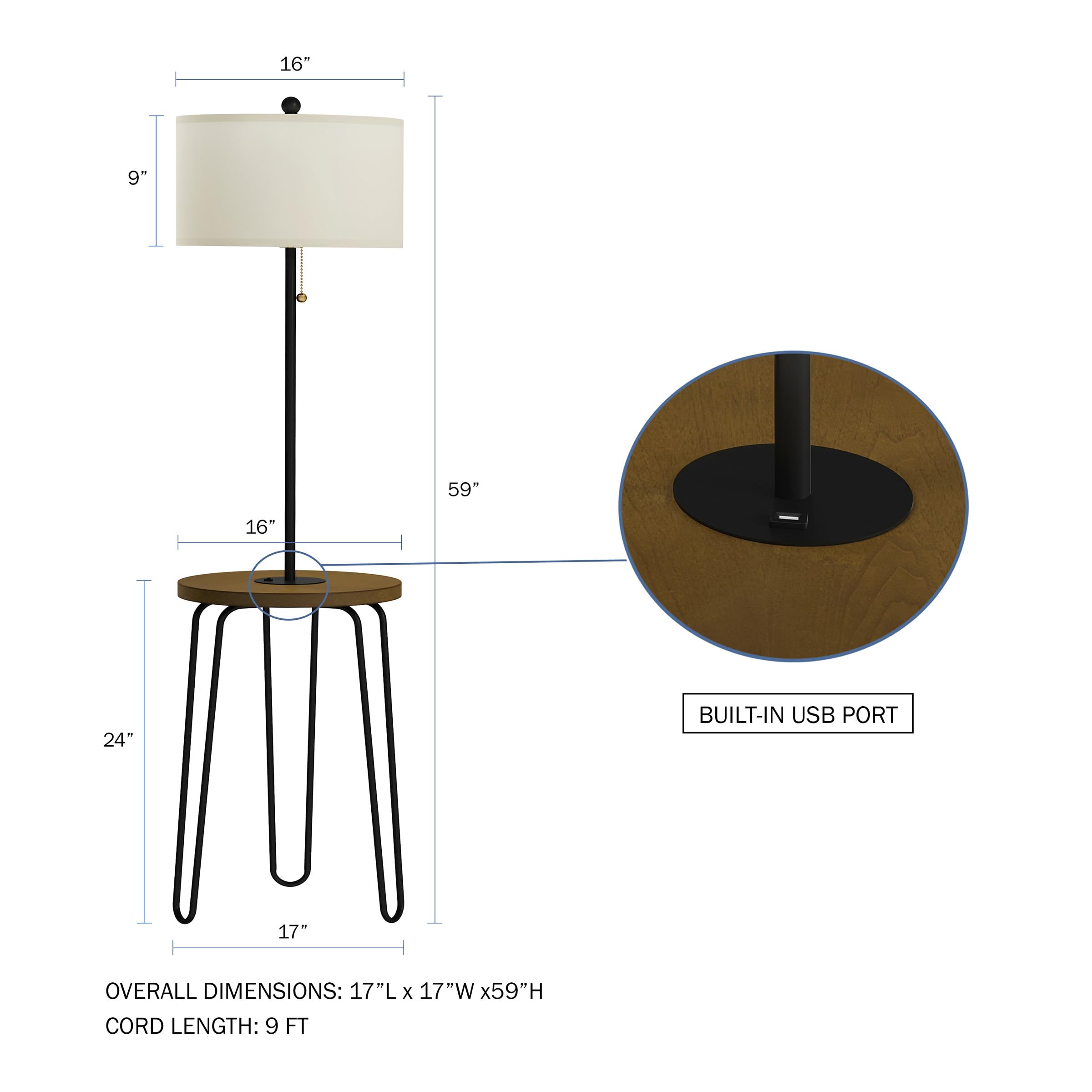 Mid-Century Modern Floor Lamp with Side Table - USB Charging Port & Hairpin Legs - Standing Light with Shelves by Lavish Home - Perfect for Living Room, Bedroom or Office Lighting
