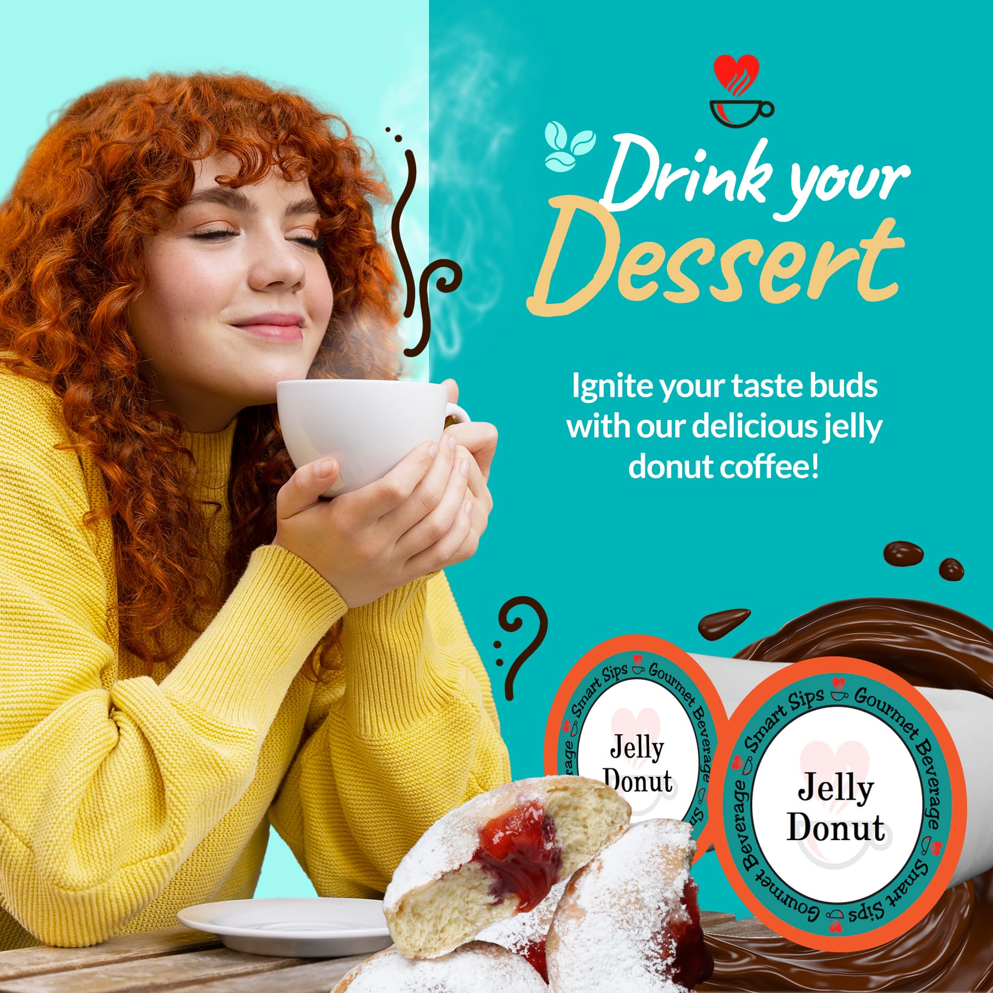 Smart Sips Jelly Donut Flavored Medium Roast Coffee Pods - 24 Count K-Cup Compatible with Keurig Brewers | Perfect for Breakfast, Office & Home Coffee Breaks
