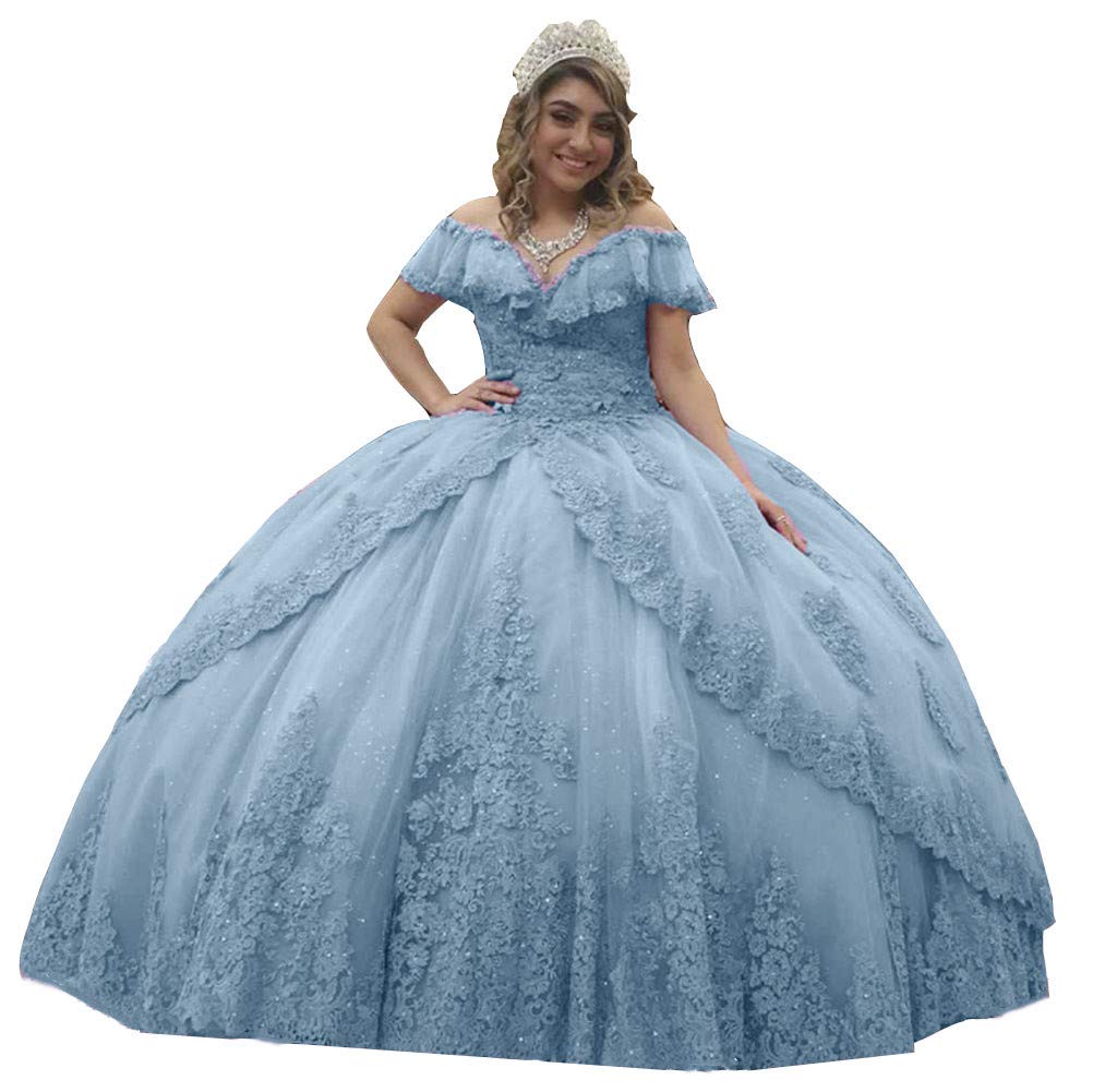 Elegant Dusty Blue Off Shoulder Quinceanera Dress with Beaded Applique - Perfect for Sweet 16, Prom, and Formal Evening Events