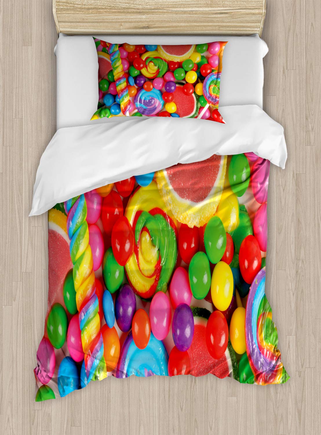 Ambesonne Colorful Duvet Cover Set - Jelly Candies & Lollipops Print 2-Piece Twin Bedding with Pillow Sham | Vibrant Multicolor Candy-Themed Decor for Kids' Room, Teen Bedroom & Playful Home Decor