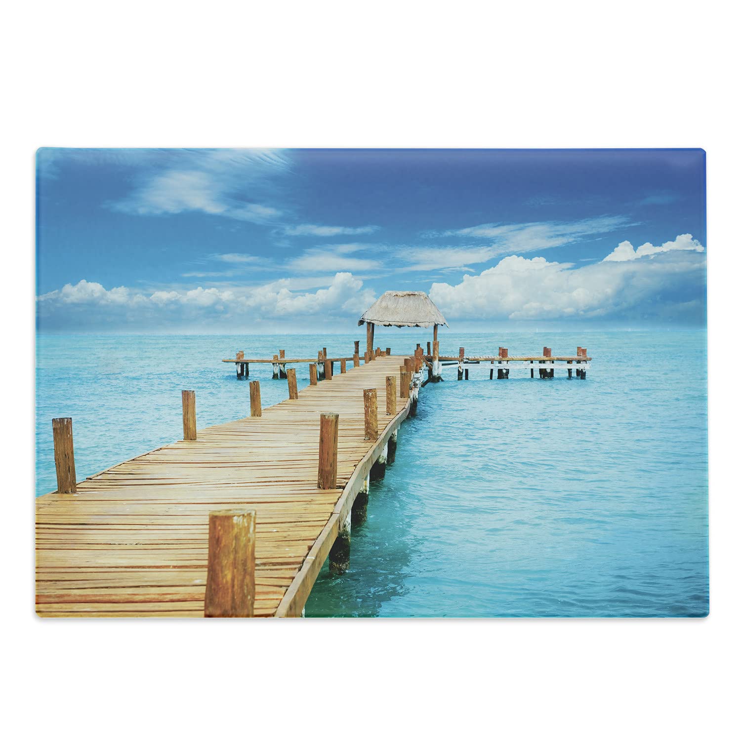 Lunarable Tropical Cutting Board - Bungalow on Clear Sea Beach Scenic View, Decorative Tempered Glass Serving Board - Large Size Pale Brown Blue Aqua - Perfect for Kitchen Prep, Charcuterie Display & Home Decor