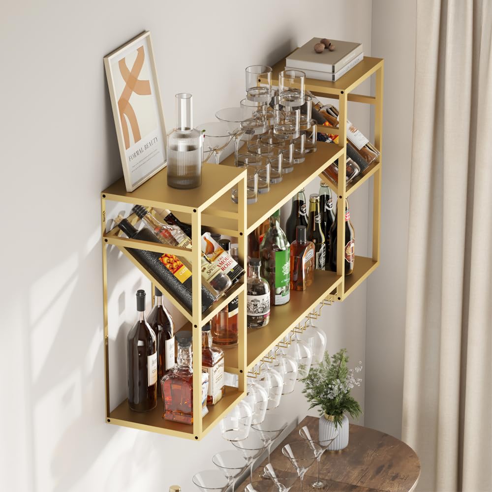 2-Tier Metal Floating Bar Shelf - Wall Mounted Wine Rack with Glass Holder - Gold Kitchen & Dining Room Bar Storage - Perfect for Home Bars, Restaurants & Entertaining Spaces
