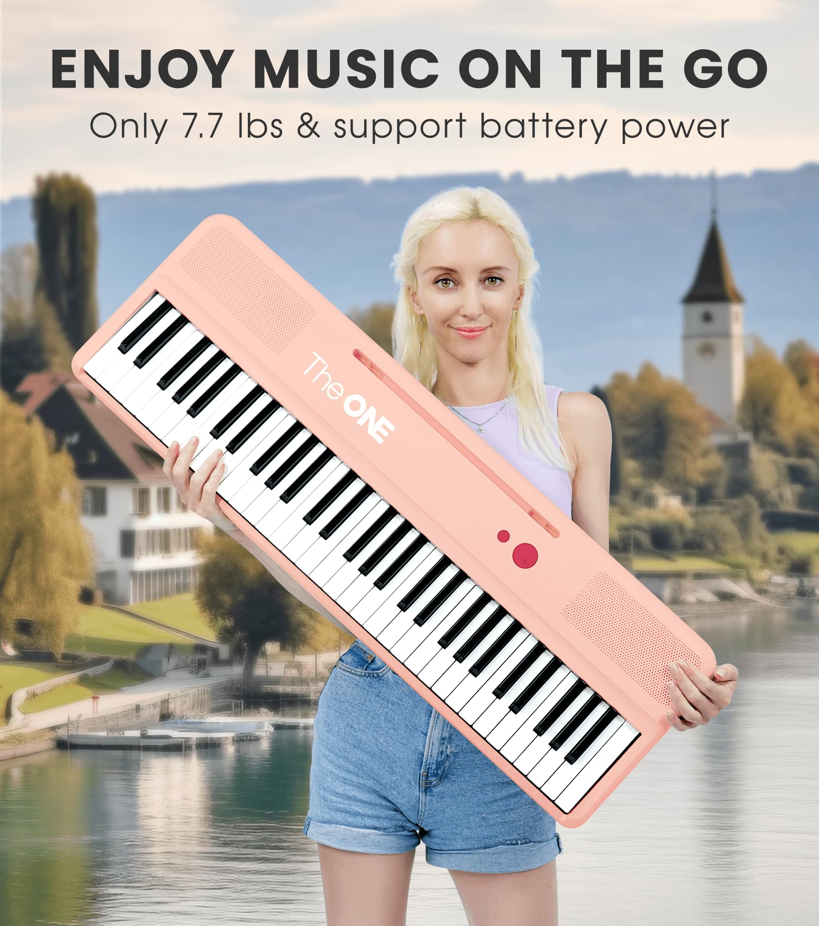 The ONE Smart Keyboard COLOR 61-Key Lighted Digital Piano with 256 Tones & 64 Polyphony - Beginner Piano Keyboard with Built-in LED Lights, Free Apps & Stand (Pink) - Perfect for Home Learning, Music Practice & Gift Giving