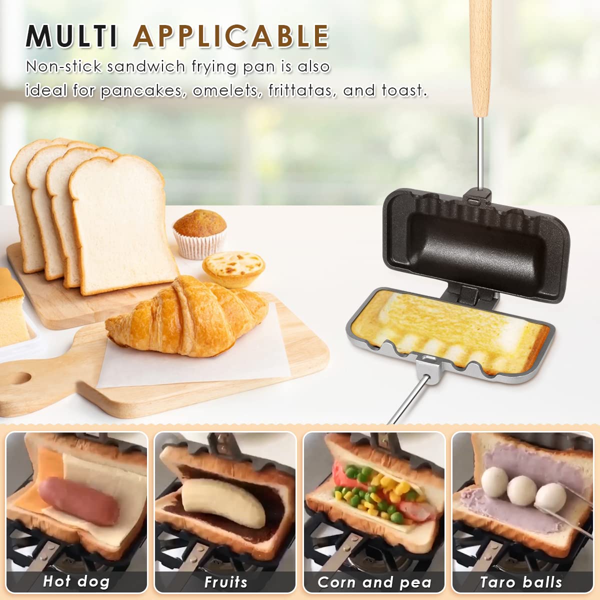 Nonstick Double-Sided Sandwich Maker & Hot Dog Toaster - Perfect for Grilled Cheese, Pancakes, Omelets & Breakfast Toast - Compact Flip Grill Pan for Quick Meals & Family Cooking