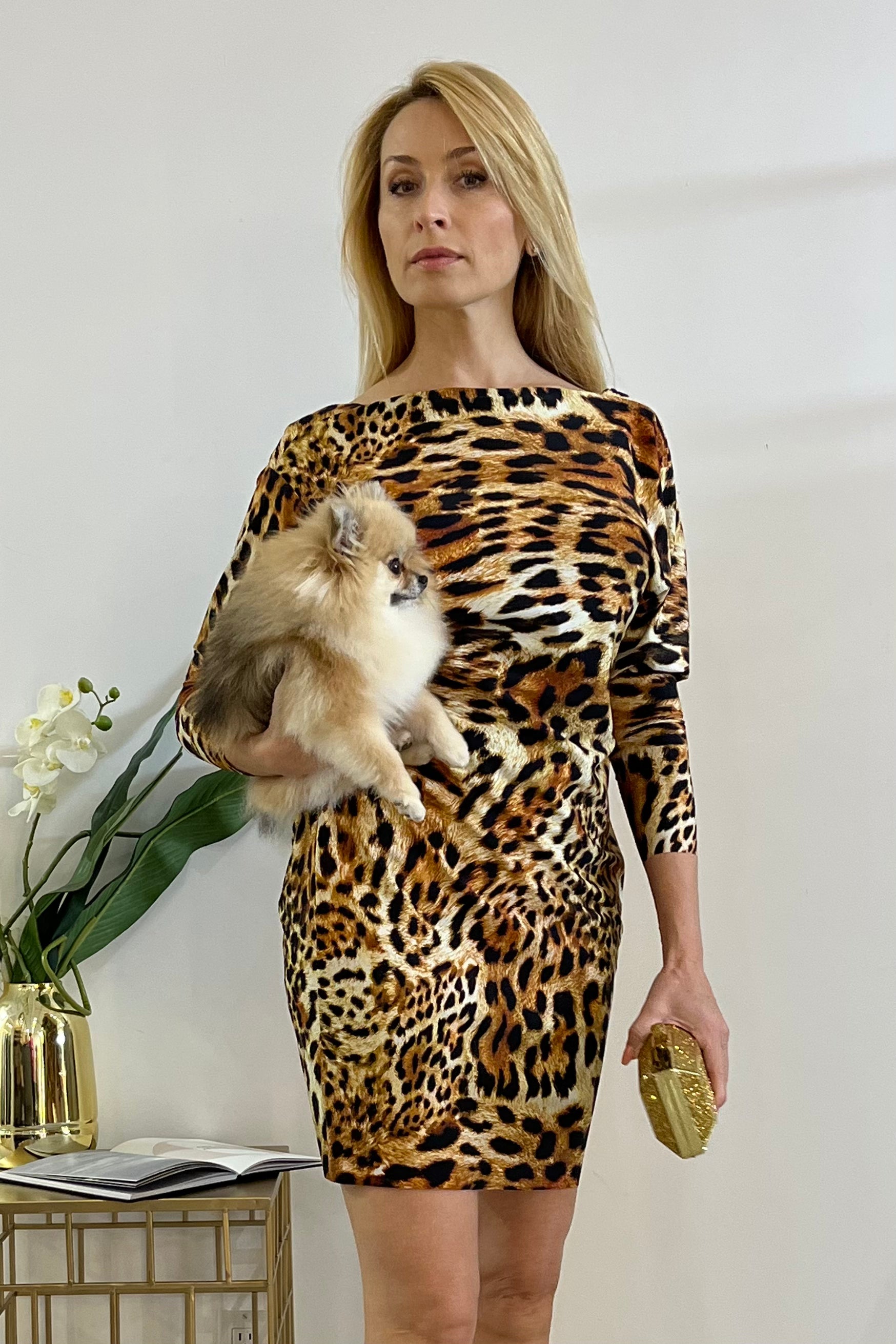 Greta Constantine Sonia Draped Open Back Leopard Print Tunic Dress for Women | Elegant Party & Evening Wear | Perfect for Date Night, Cocktail Events & Special Occasions
