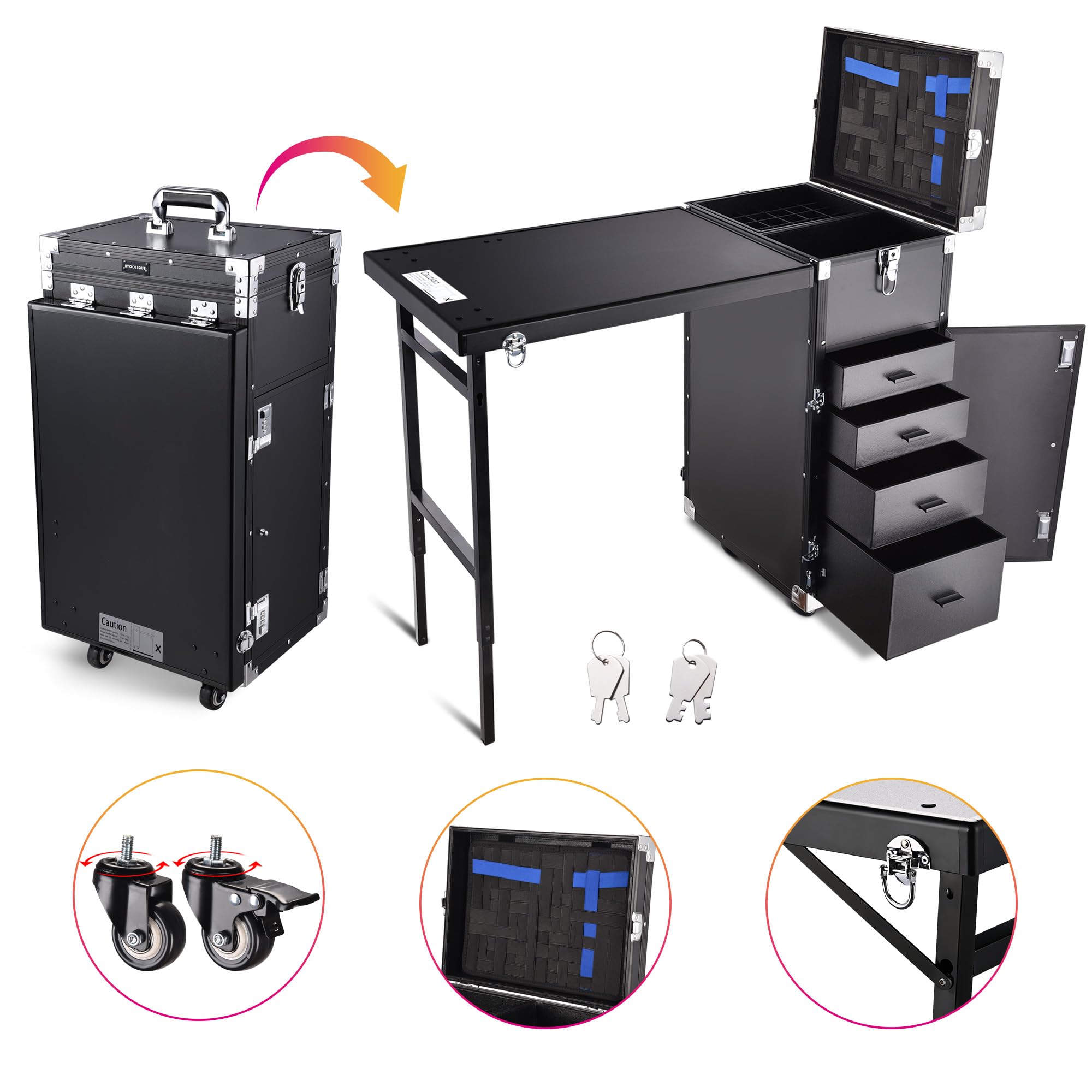 BYOOTIQUE Portable Rolling Manicure Table with 4 Drawers & Mirror - Foldable Nail Salon Station, Makeup Train Case & Tattoo Workstation for Professional Beauty Services, Home Salon & Travel Use - Black