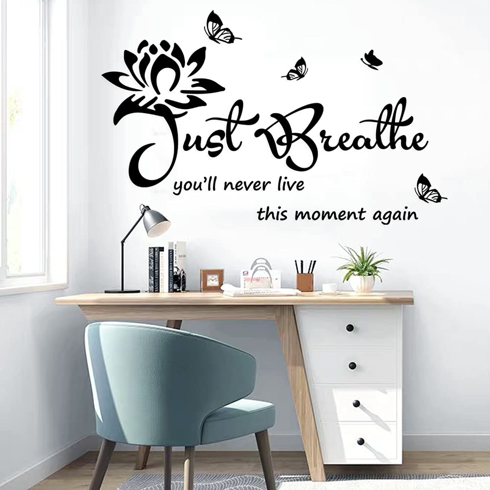 Vinyl Wall Stickers - Inspirational Just Breathe Quote Decals for Living Room, Bedroom, Nursery & Yoga Space - Waterproof Home Wall Art Decor for Relaxation & Meditation Areas