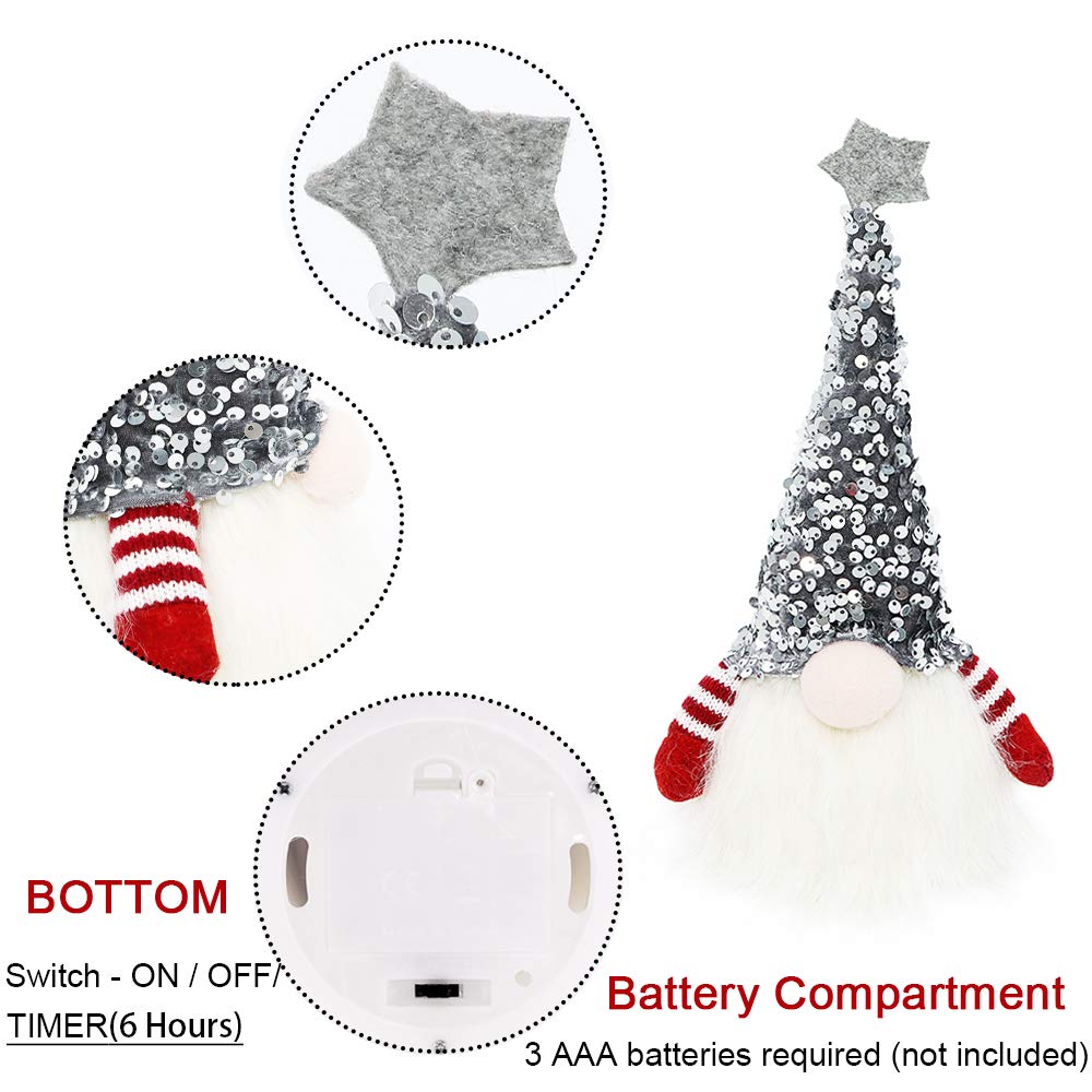 Scandinavian Christmas Gnome Lights with Timer - Set of 2 (Red & Silver) 11x4 Inch, Nordic Santa Tomte Gnome Decor for Holiday Tree, Mantel & Indoor Xmas Decorations