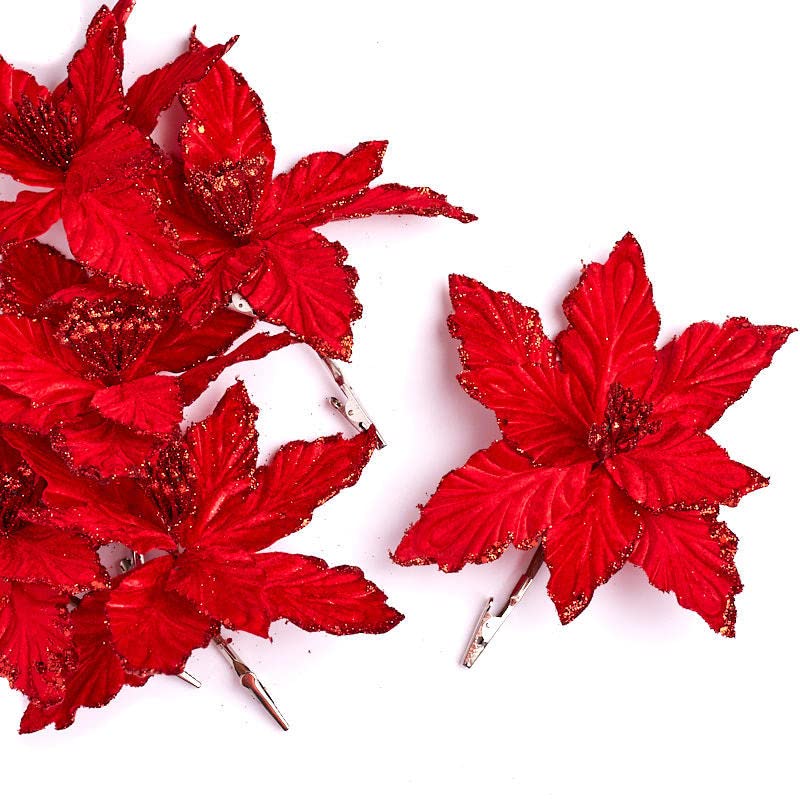 12 Pack Red Poinsettia Christmas Tree Clips - Velveteen Glitter Holiday Ornaments for Xmas Decor, Wreaths, Gift Wrapping & Party Centerpieces