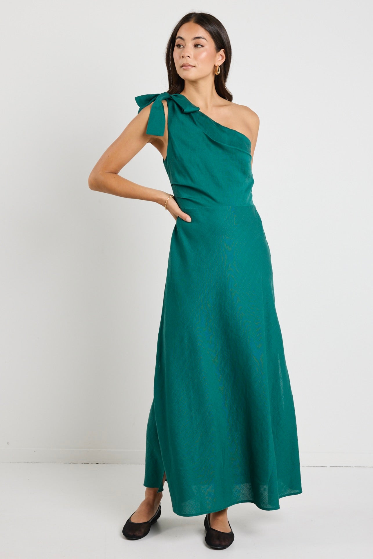 Mirror Forest Linen Blend One Shoulder Bow Midi Dress - Elegant Summer Wedding Guest Dress for Beach Parties & Cocktail Events