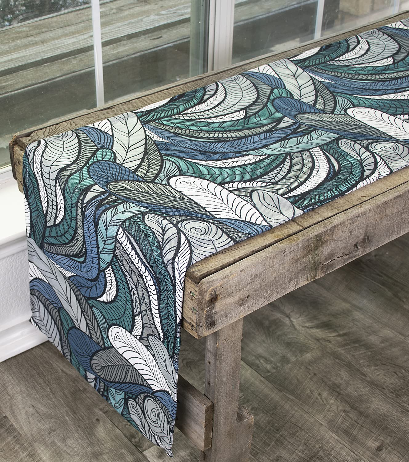 Elegant Chenille Gray and Teal Blue Feather Table Runner - 16.5x53.5 Inch Dresser Scarf, Coffee Table Decor for Dining Room, Bedroom & Holiday Parties