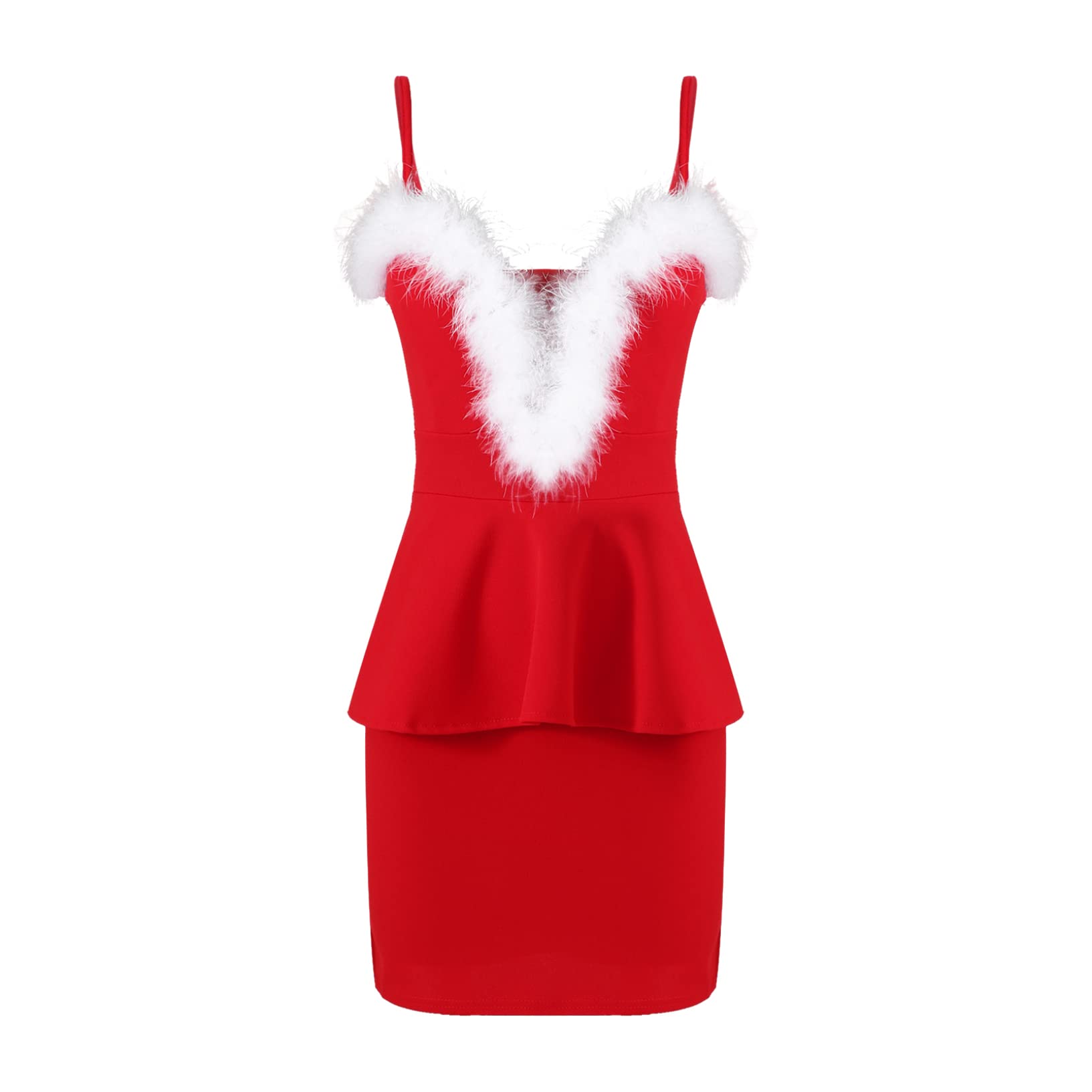 Women's Faux Fur Trim Bodycon Dress - Sexy Spaghetti Strap Ruffle Mini Dress for Party, Club, Night Out, Date Night & Special Occasions | Perfect for Christmas, New Year's Eve & Cocktail Events