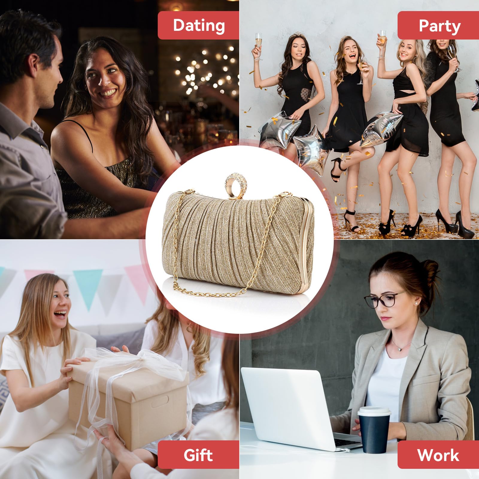 Simcat Women's Gold Glitter Clutch Purse - Elegant Pleated Evening Handbag for Formal Events, Bridal Wedding, Prom & Special Occasions | Perfect for Parties, Dinners & Date Nights