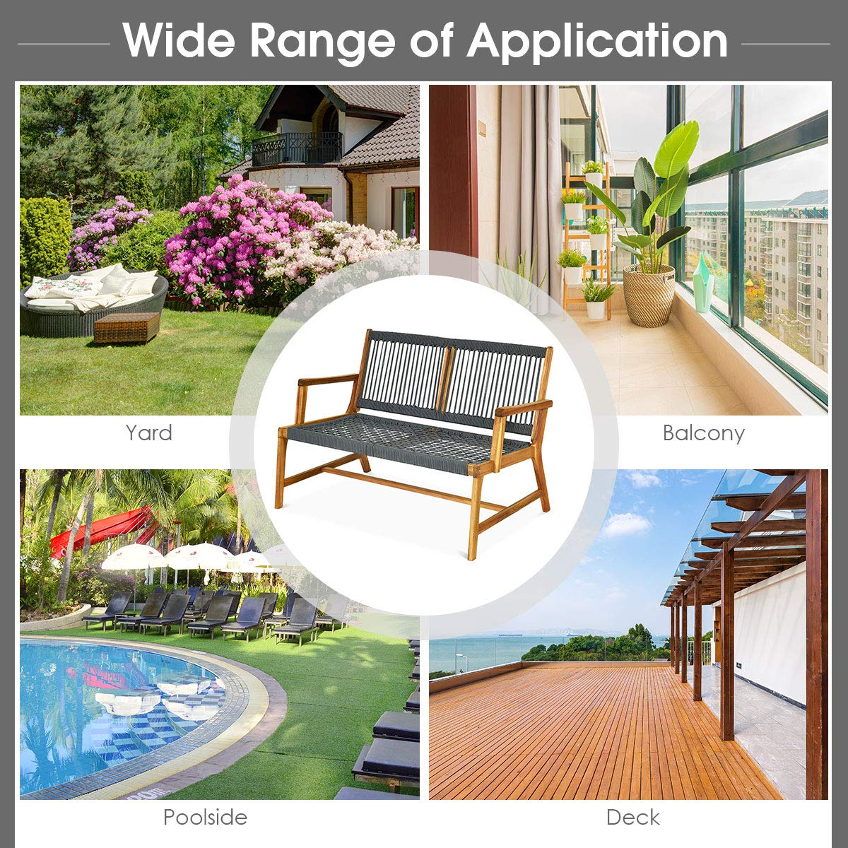 Tangkula 2-Person Acacia Wood Outdoor Bench Loveseat with Rope Design & Teak Oil Finish - Patio, Balcony, Deck, Poolside & Porch Seating (Grey) - Perfect for Garden Relaxation & Backyard Lounging