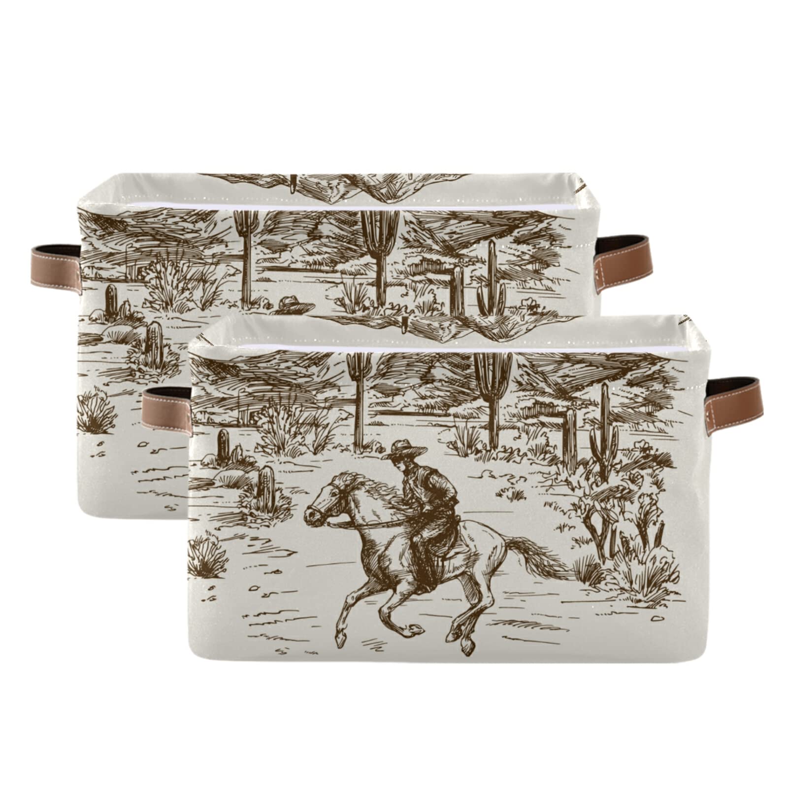 Western Desert Cowboy Storage Basket with Handle - Large Collapsible Storage Bin for Shelves, Closet, Bedroom & Living Room - Perfect for Organizing Toys, Blankets & Home Decor (1PC)