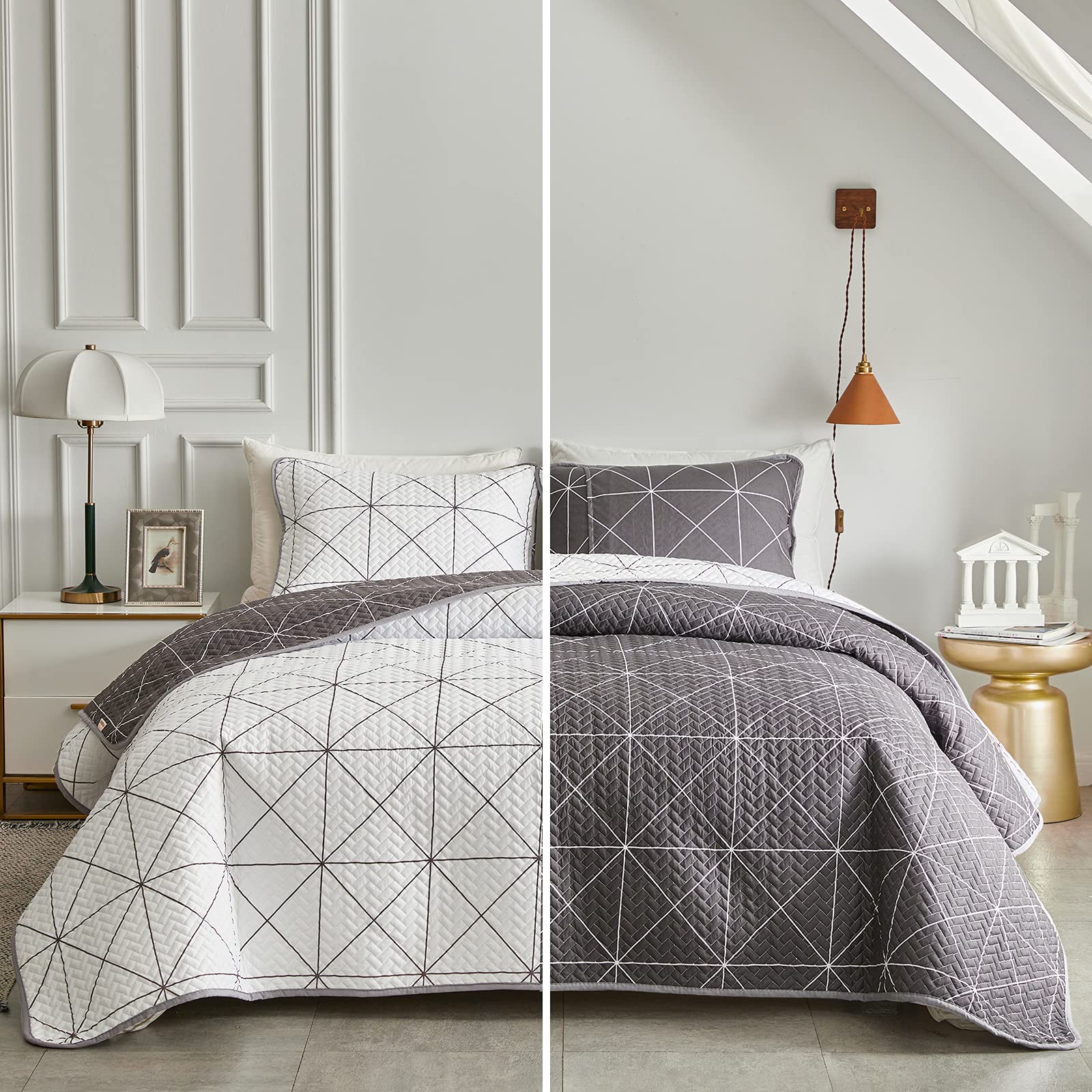 UOZZI BEDDING 3-Piece Reversible Quilt Set - Plaid White & Gray King Size 102x88 - Soft Microfiber Lightweight Coverlet Bedspread - Summer Comforter Set for All Seasons (1 Quilt + 2 Shams) - Perfect for Master Bedroom, Guest Room & Dorm Decor