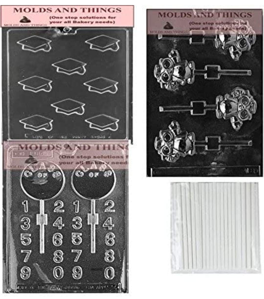 Graduation Chocolate Candy Molds with 50 Sticks - Professional Candy Making Kit with Instruction Manual - Perfect for DIY Party Favors, School Events & Holiday Treats