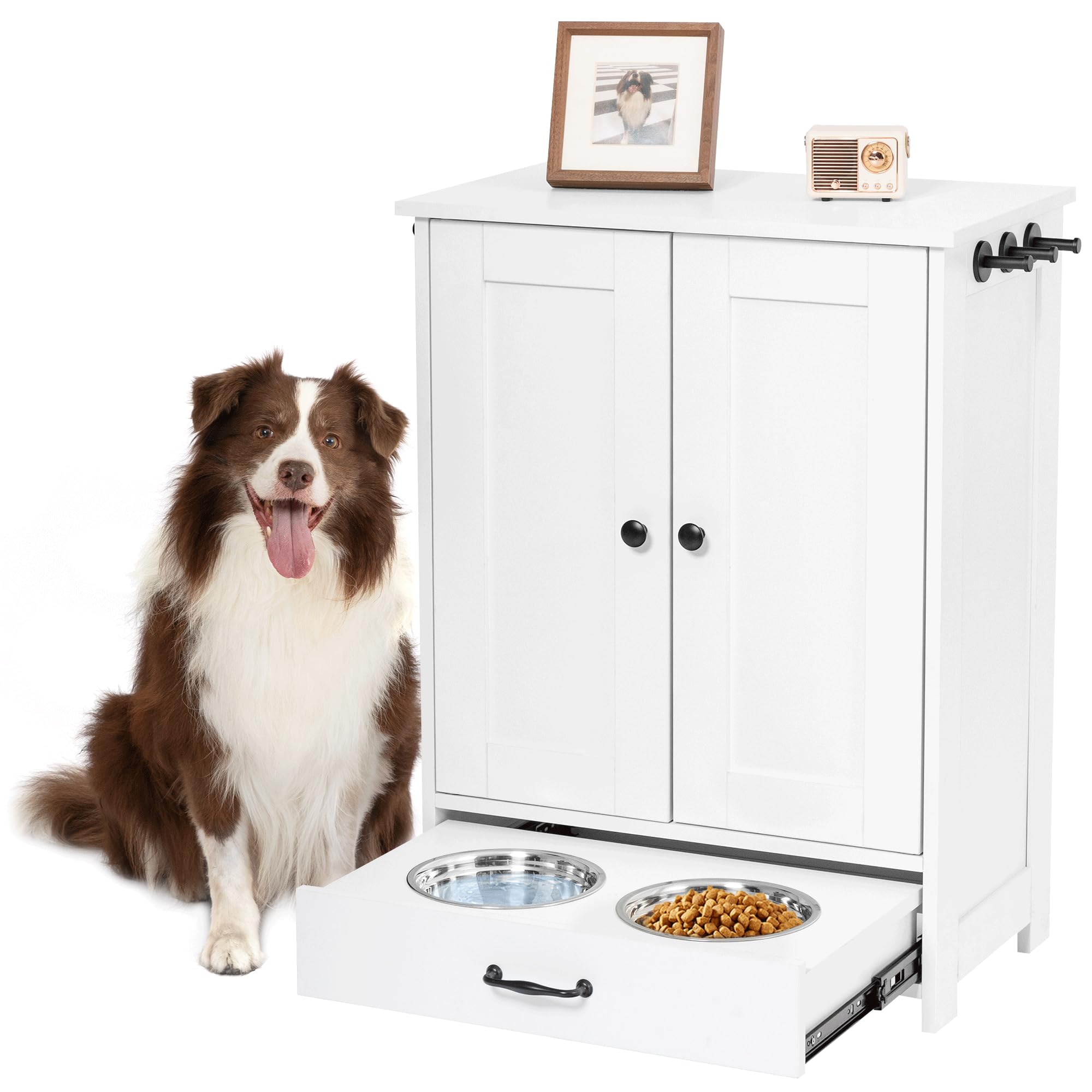 ALINE FURNITURE Elevated Dog Feeding Station with Storage Cabinet - Includes 2 Raised Dog Bowls, Hidden Pet Food Organizer for Dogs & Cats - White Wooden Pet Feeder for Kitchen or Living Room