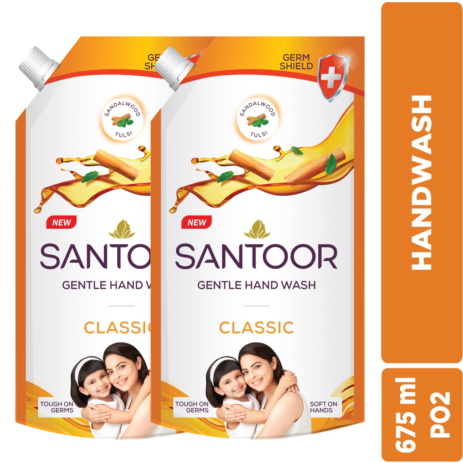 Santoor Classic Gentle Hand Wash with Sandalwood & Tulsi - 750ml Natural Soap for Dry Skin | Moisturizing & Antibacterial for Home, Kitchen & Bathroom Use