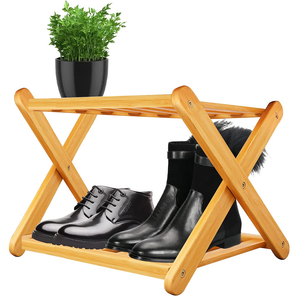 SXRZY 2-Tier Bamboo Shoe Rack for Small Spaces - Sturdy, Durable & Foldable Shoe Storage Organizer (40×25×22cm, Holds 40kg) - Perfect for Entryway, Hallway, Closet, Dorm Room & Apartment Organization