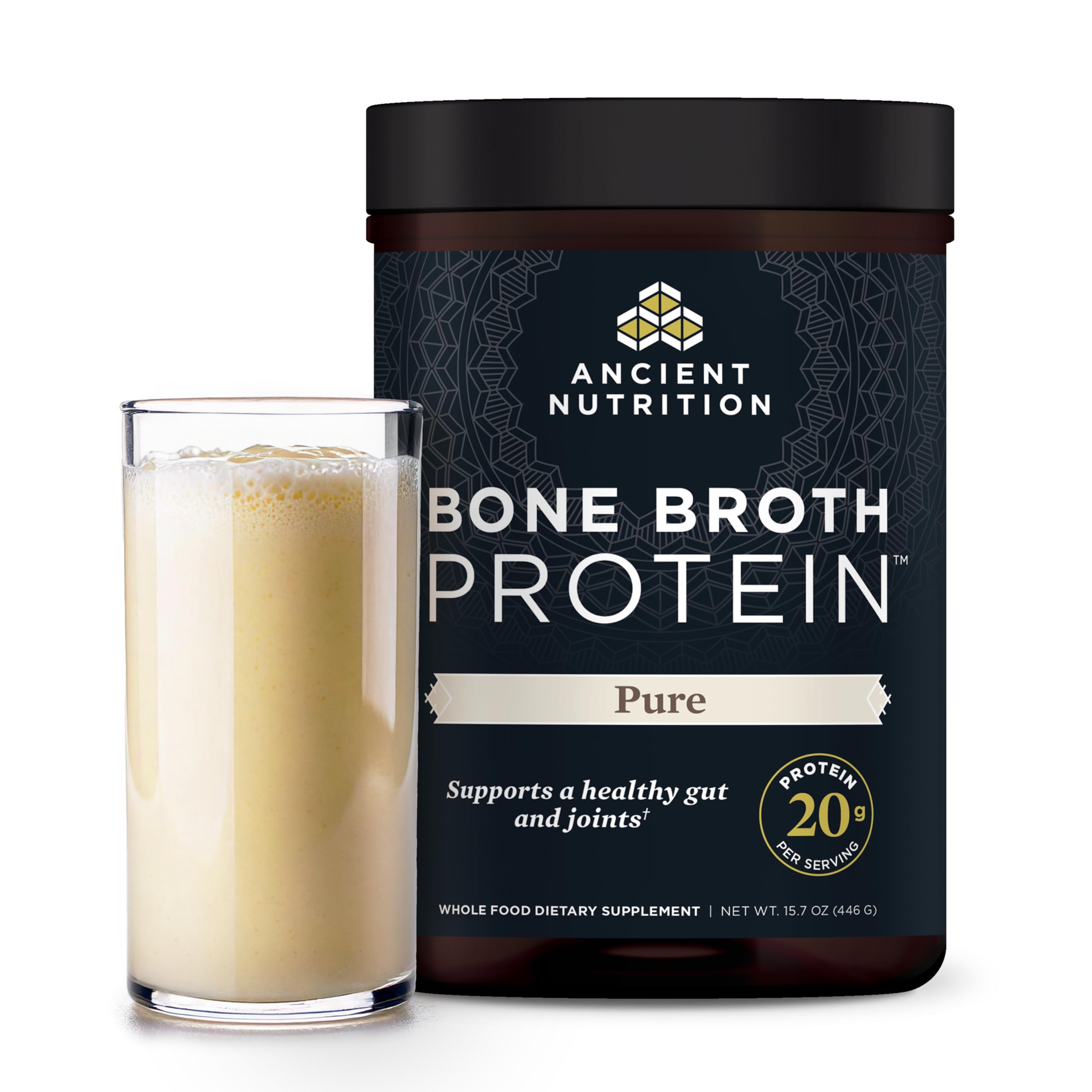 Ancient Nutrition Bone Broth Protein Powder - Pure Flavor, 20 Servings | Grass-Fed Collagen Supplement for Gut Health, Joint Support & Recovery | Perfect for Keto, Paleo & Whole30 Diets