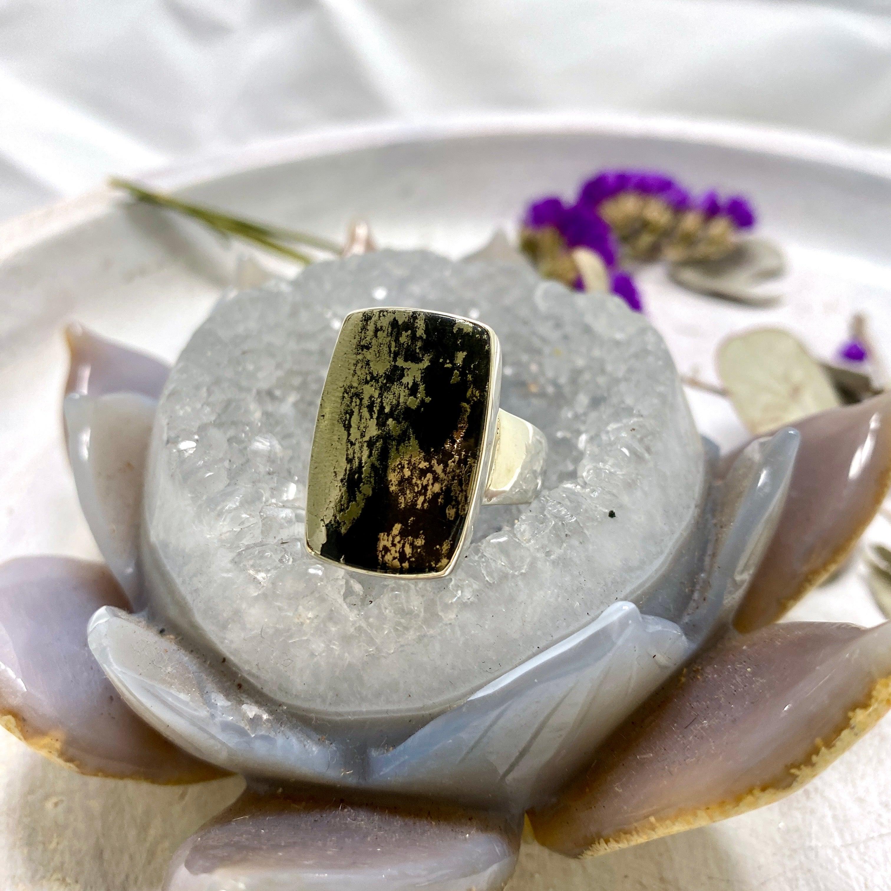 Healer's Gold (Pyrite in Magnetite) Rectangular Ring Size 11 - KRGJ2404 | Spiritual Jewelry for Energy Healing & Chakra Balancing