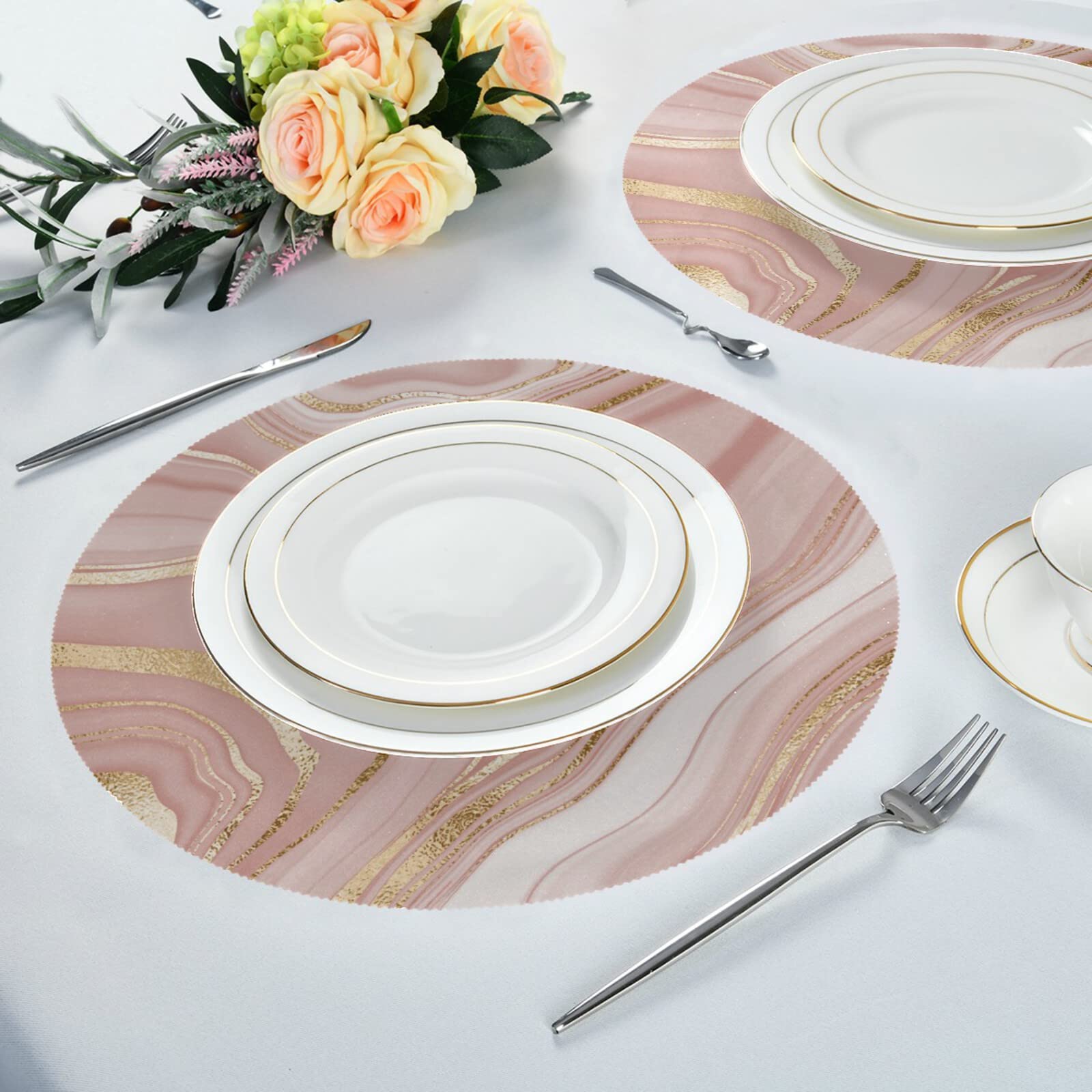 Qilmy Rose Gold Marble Round Placemats - Set of 4 Non-Slip Washable Polyester Table Mats, Heat Resistant for Kitchen & Dining Table Decor | Perfect for Dinner Parties, Holiday Gatherings & Everyday Use