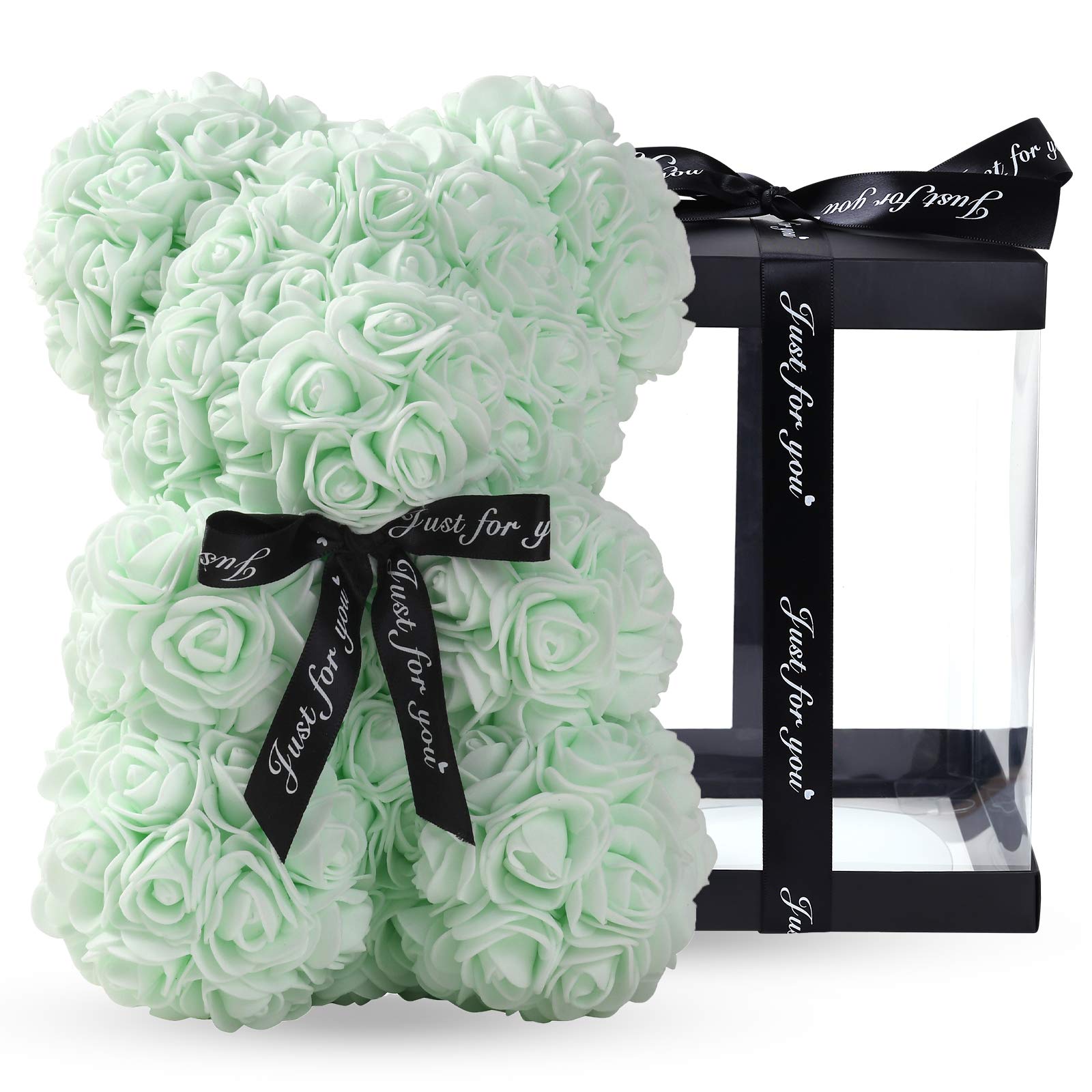 10 Inch LINKLO Rose Bear - Artificial Rose Flower Teddy Bear, Wedding Gift, Mother's Day & Anniversary Present with Transparent Gift Box (Light Blue) - Perfect for Romantic Surprises, Valentine's Day & Birthday Decorations