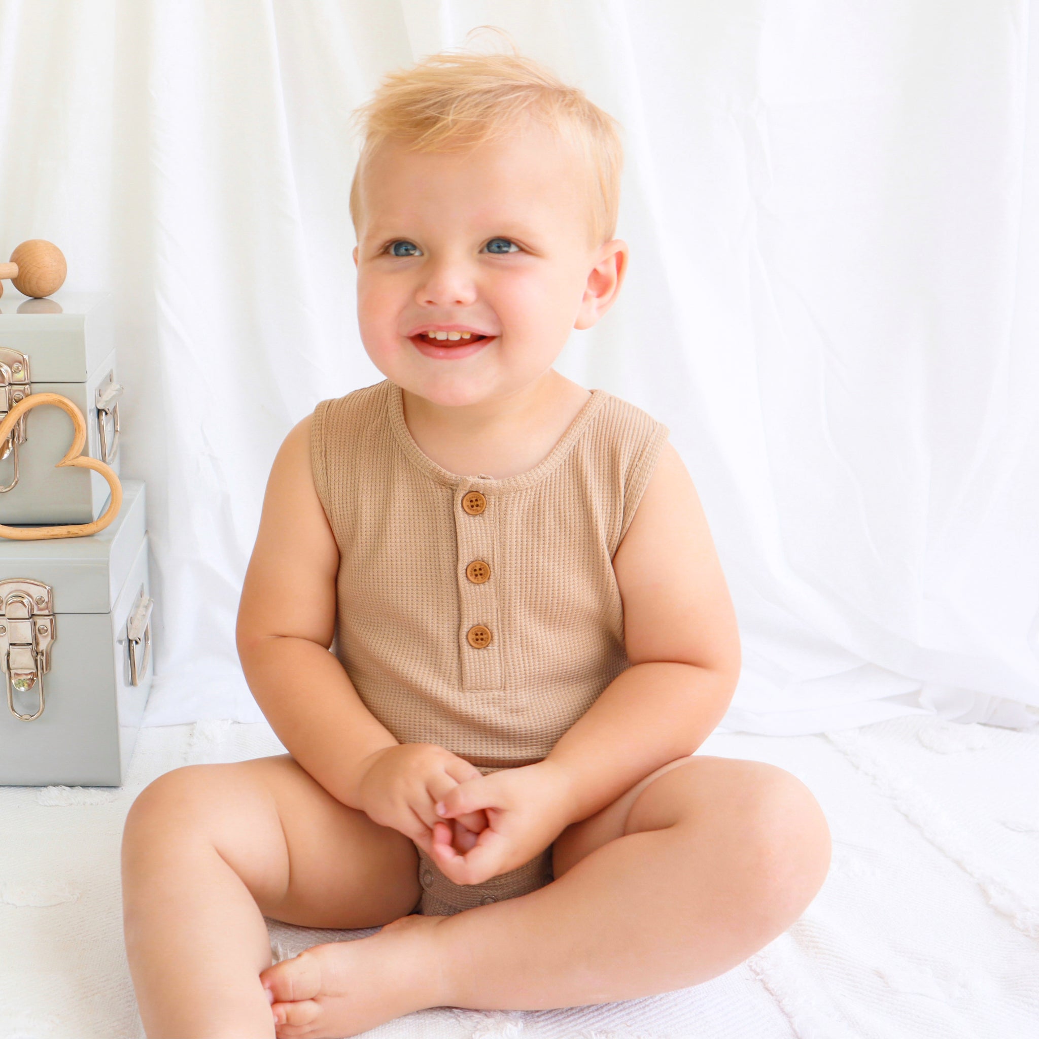 Alfie Waffle Romper for Baby Girls | Soft & Comfortable Biscuit-Colored Outfit | Perfect for Playtime, Photo Shoots & Special Occasions