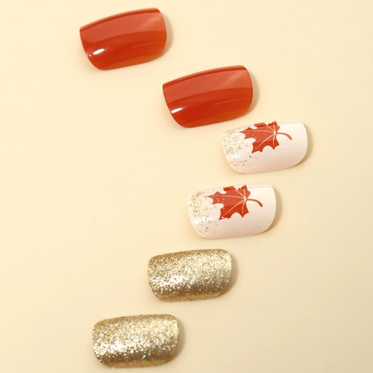 Short Square Press on Nails with Maple Leaf Design - Gold Glitter Foil Acrylic Fake Nails for Women | Fall & Thanksgiving Nail Art | Perfect for Autumn Parties, Holidays & Special Occasions