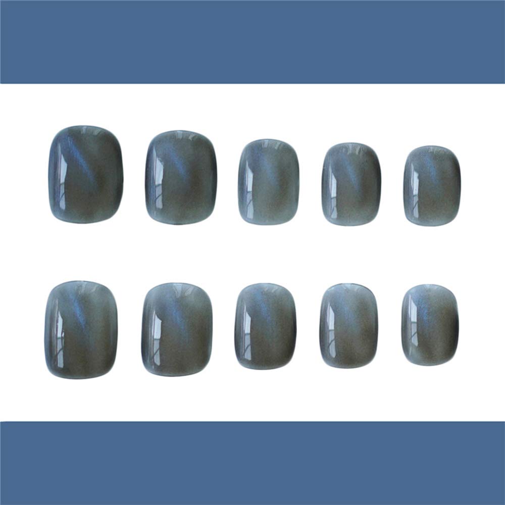 24Pcs Glitter Cat Eye False Nails - Short Square Press on Nails with Glue & Stickers - Blue Glossy Full Cover Fake Nails for Women & Girls - Perfect for Parties, Weddings, and Special Occasions