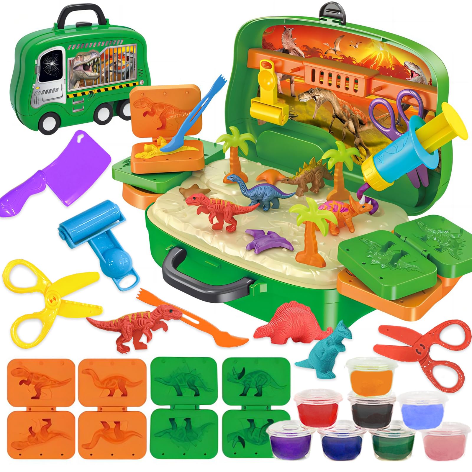 VBACALA Dinosaur Modeling Clay Kit for Kids Ages 3+, 36-Piece Play Dough Set with Tools & Rolling Case - Creative Arts & Crafts Toy for Preschool Learning, Birthday Gifts, Sensory Play & Fine Motor Skills Development